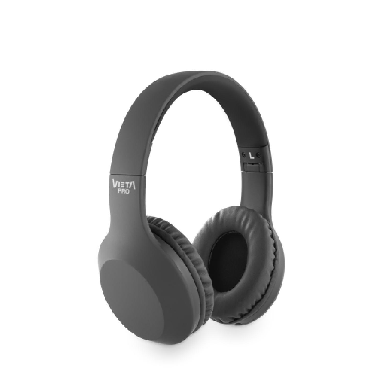Auriculares grises oscuros sobre fondo blanco. La marca es Vieta Pro.