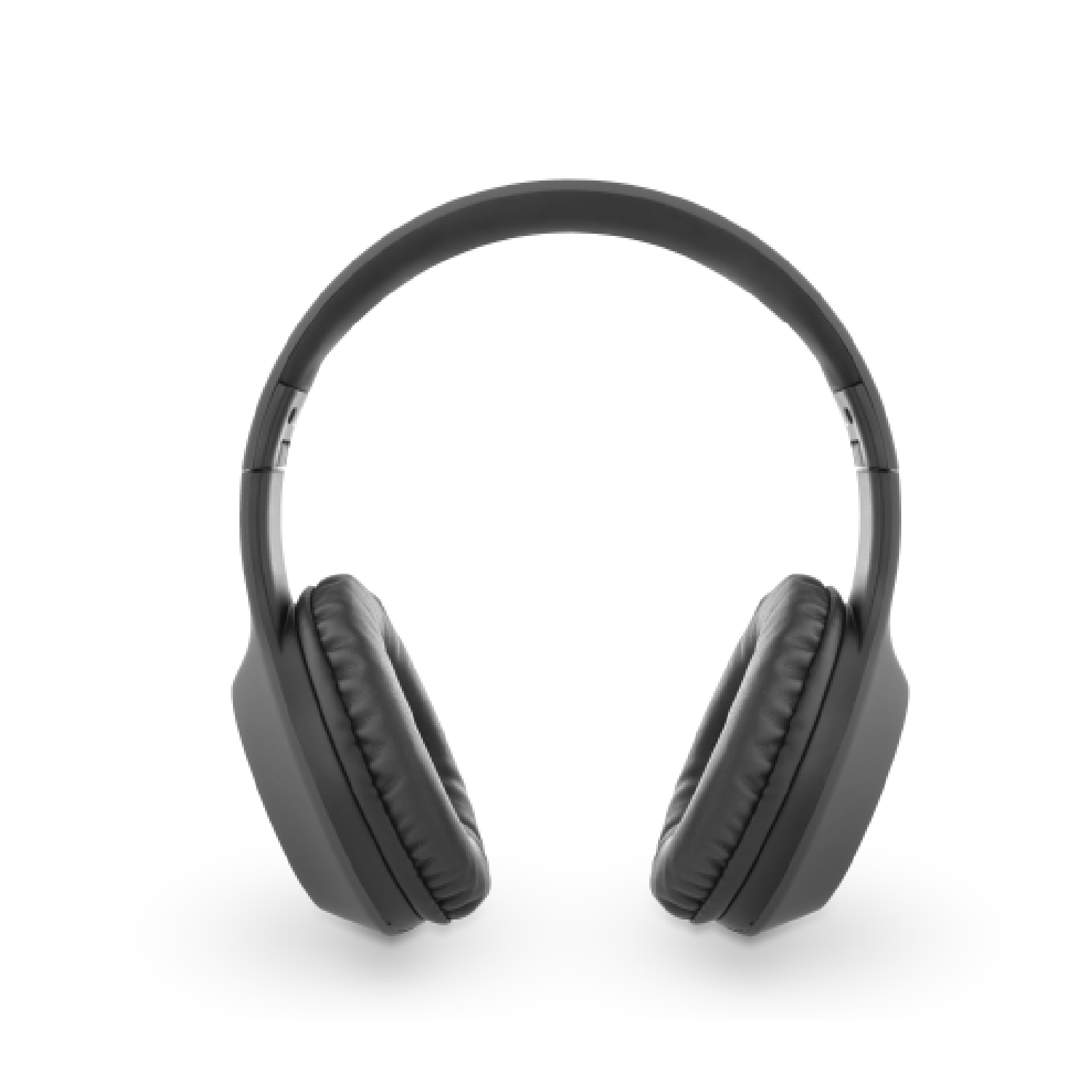 Auriculares inalámbricos negros, vista frontal, sobre una superficie blanca. El diseño es moderno y minimalista.