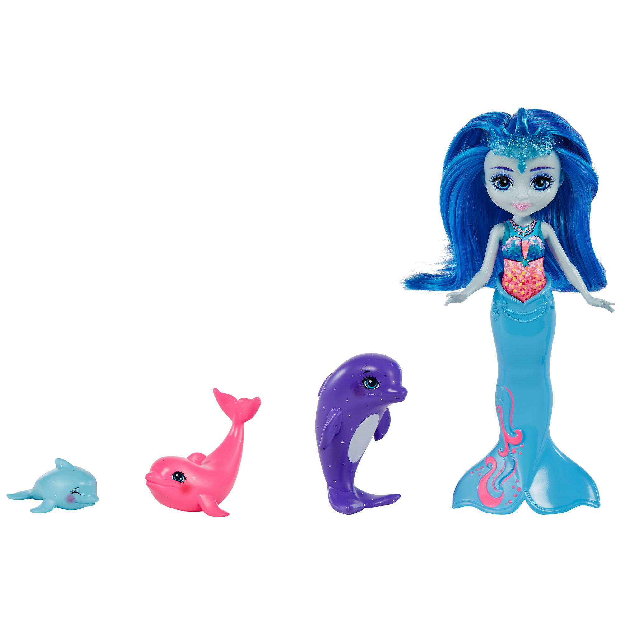 ENCHANTIMALS Dorinda Dolphin-Puppe (ca. 15 cm) mit abnehmbarer Flosse und 3 Tierfiguren Spielset Mehrfarbig