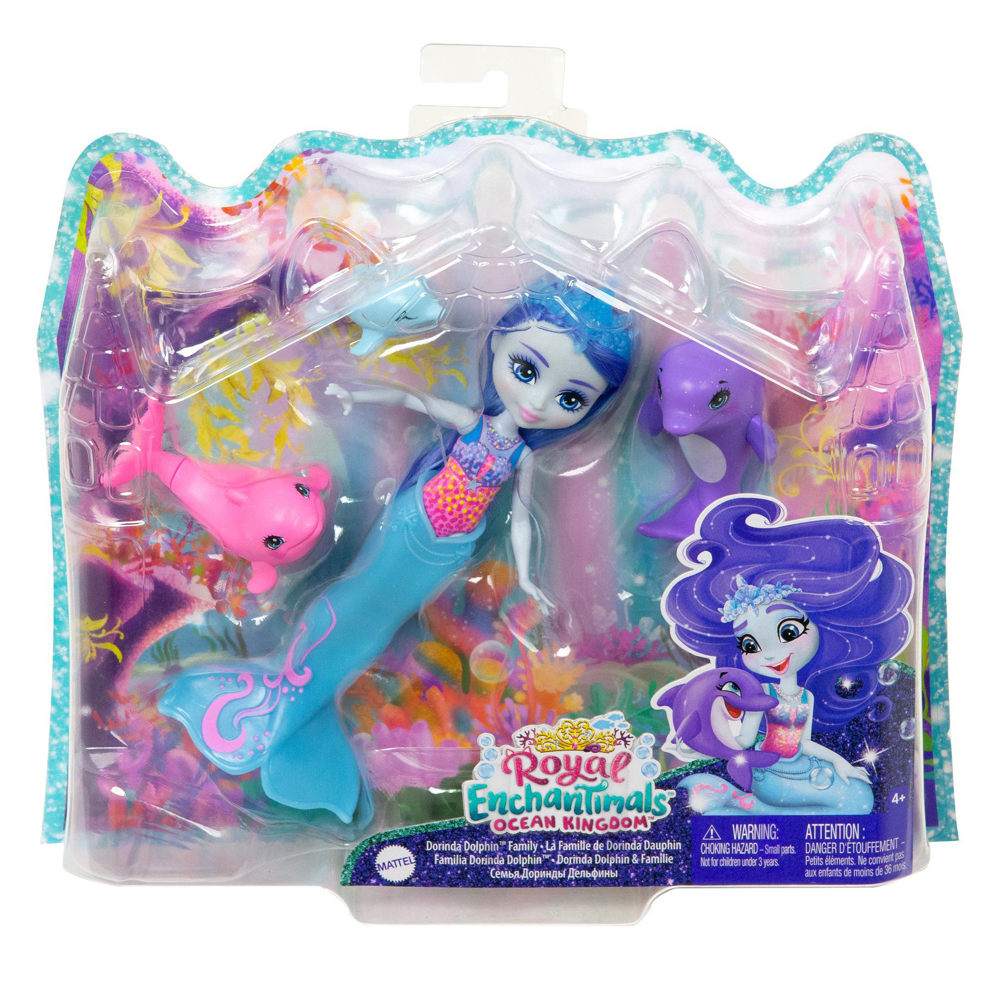 ENCHANTIMALS Dorinda Dolphin-Puppe (ca. 15 cm) mit abnehmbarer Flosse und 3 Tierfiguren Spielset Mehrfarbig