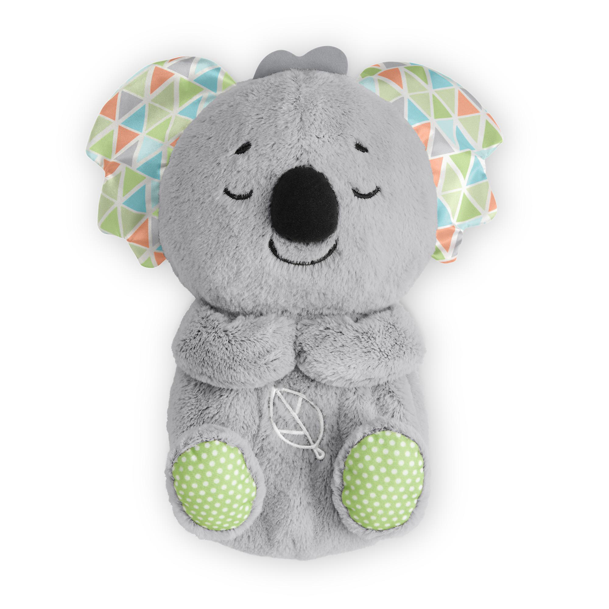 Ein graues Koala-Plüschtier mit geschlossenen Augen, einer schwarzen Nase und grünen gepunkteten Füßen, mit bunten Dreiecks-Ohren.