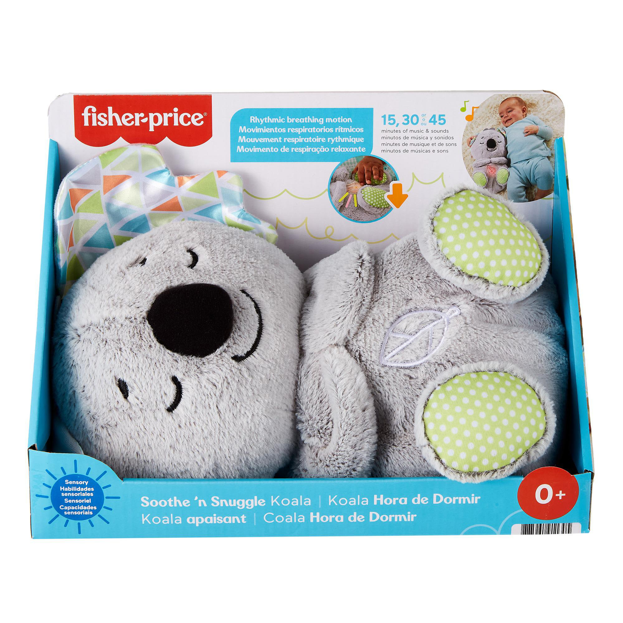 Verpacktes Fisher-Price Koala-Plüschtier. Es hat graues Fell, grüne und weiße Tupfen-Akzente und eine schwarze Nase. Ein Baby ist auf der Box abgebildet.