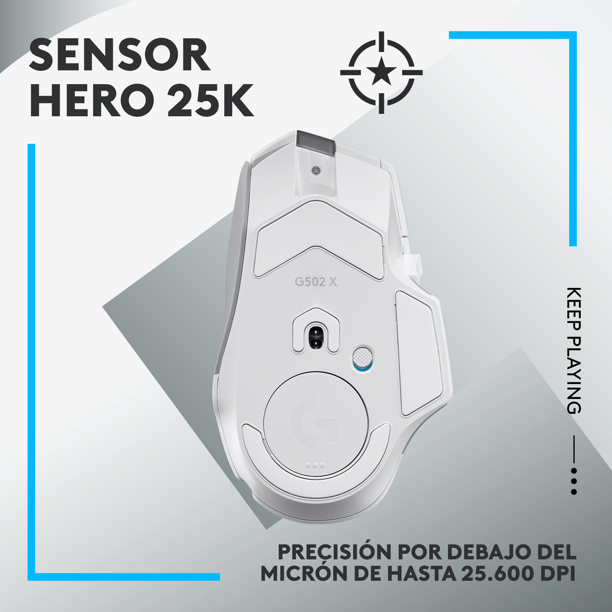 Un ratón blanco con un icono de objetivo. Texto: 'Precisión por debajo del micrón, hasta 25.600 DPI'.