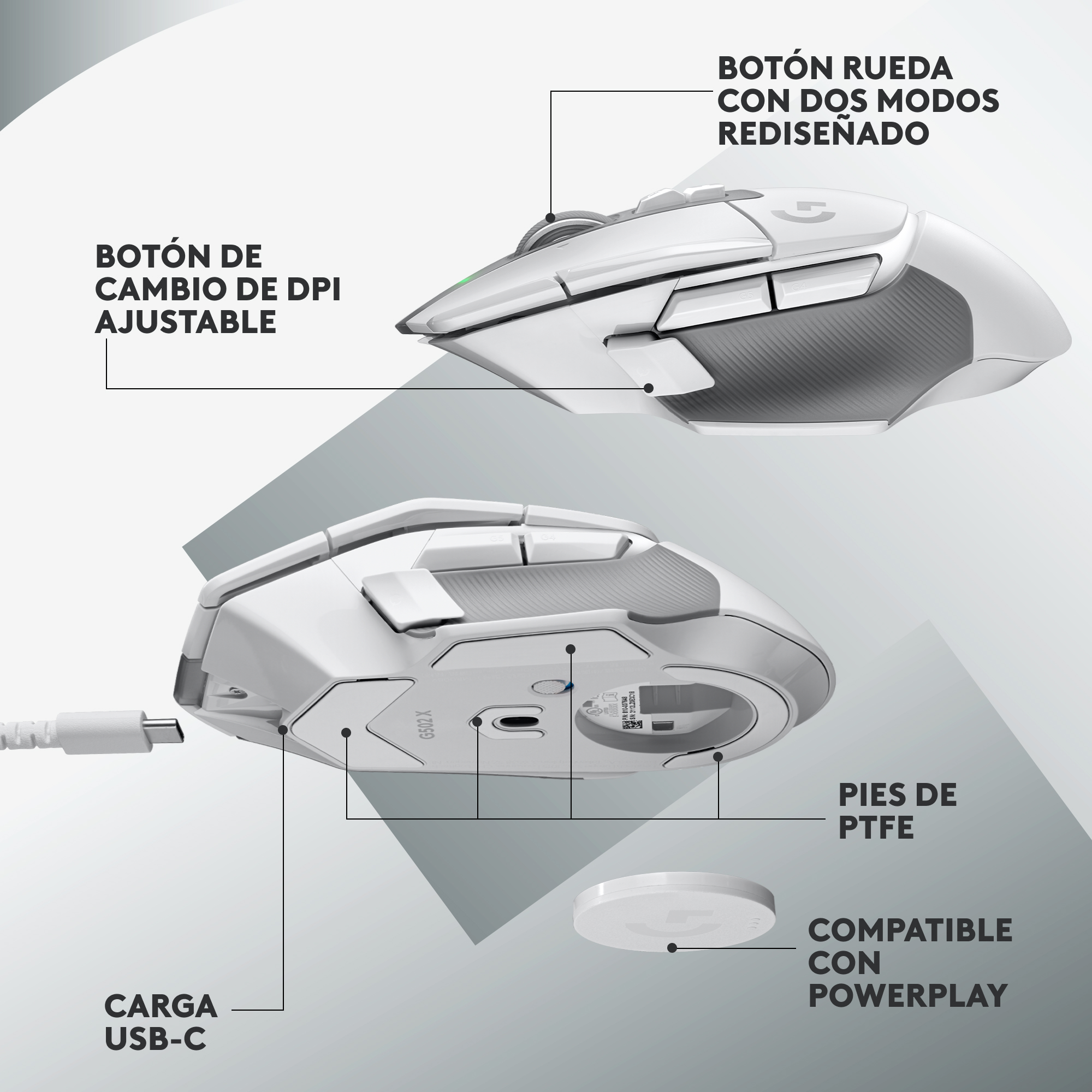 Ratón gaming blanco con botón DPI ajustable, rueda de dos modos y carga USB-C.
