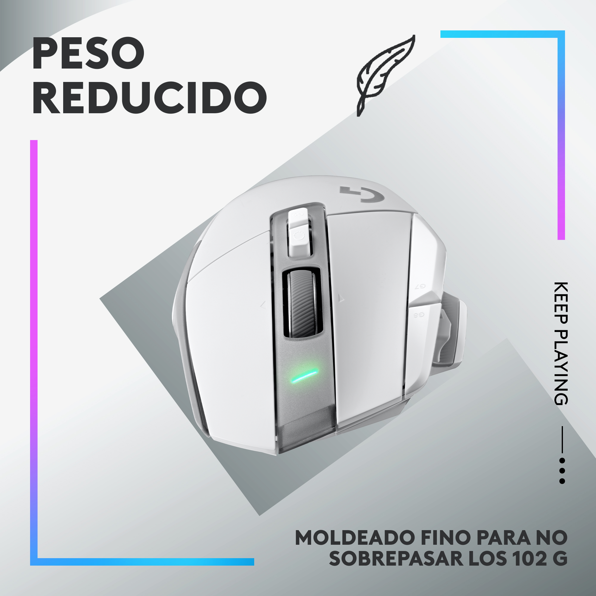 Ratón gaming blanco. Incluye rueda de desplazamiento, botones laterales y el texto 'KEEP PLAYING'.