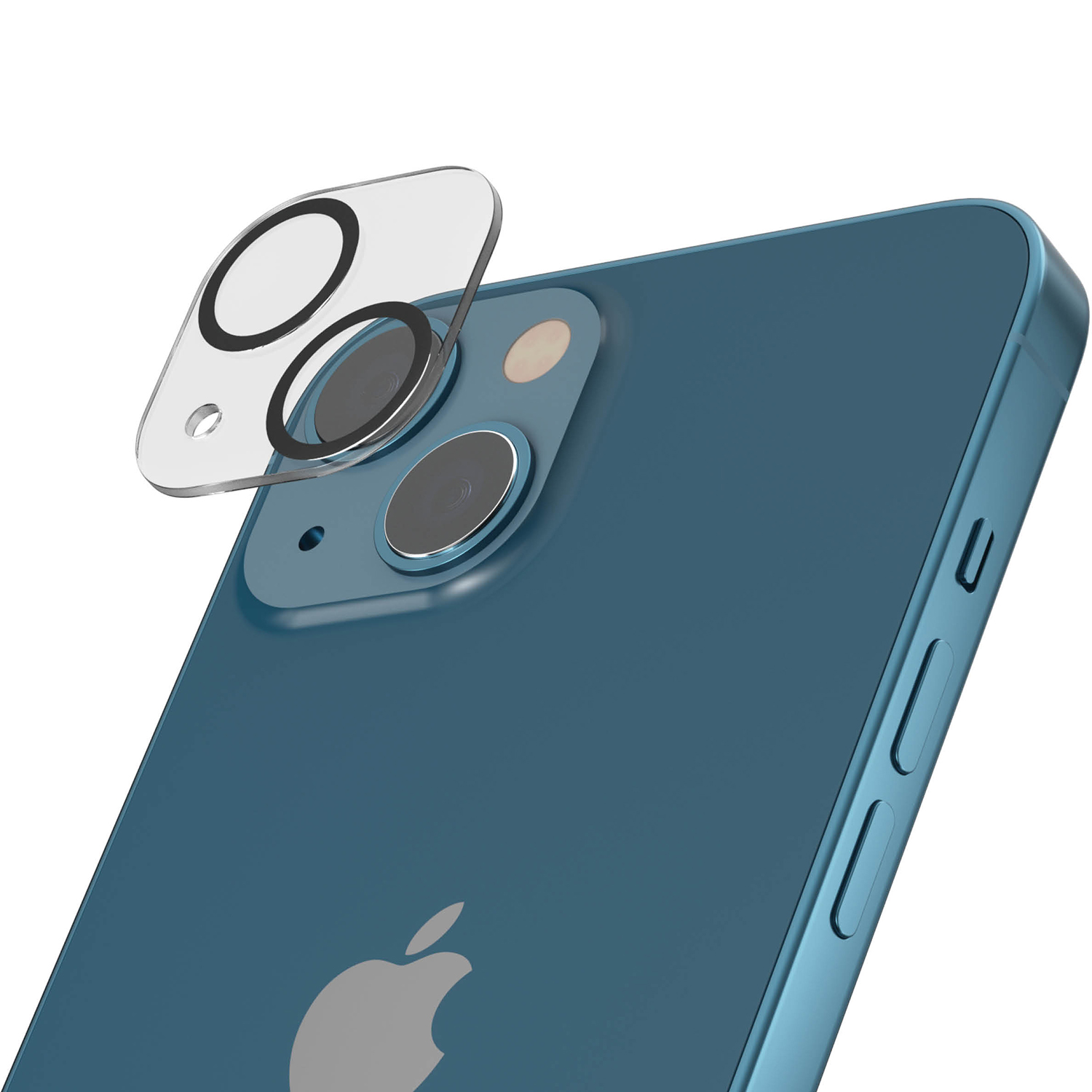 Een blauwe iPhone met een lensbeschermer over de camera.