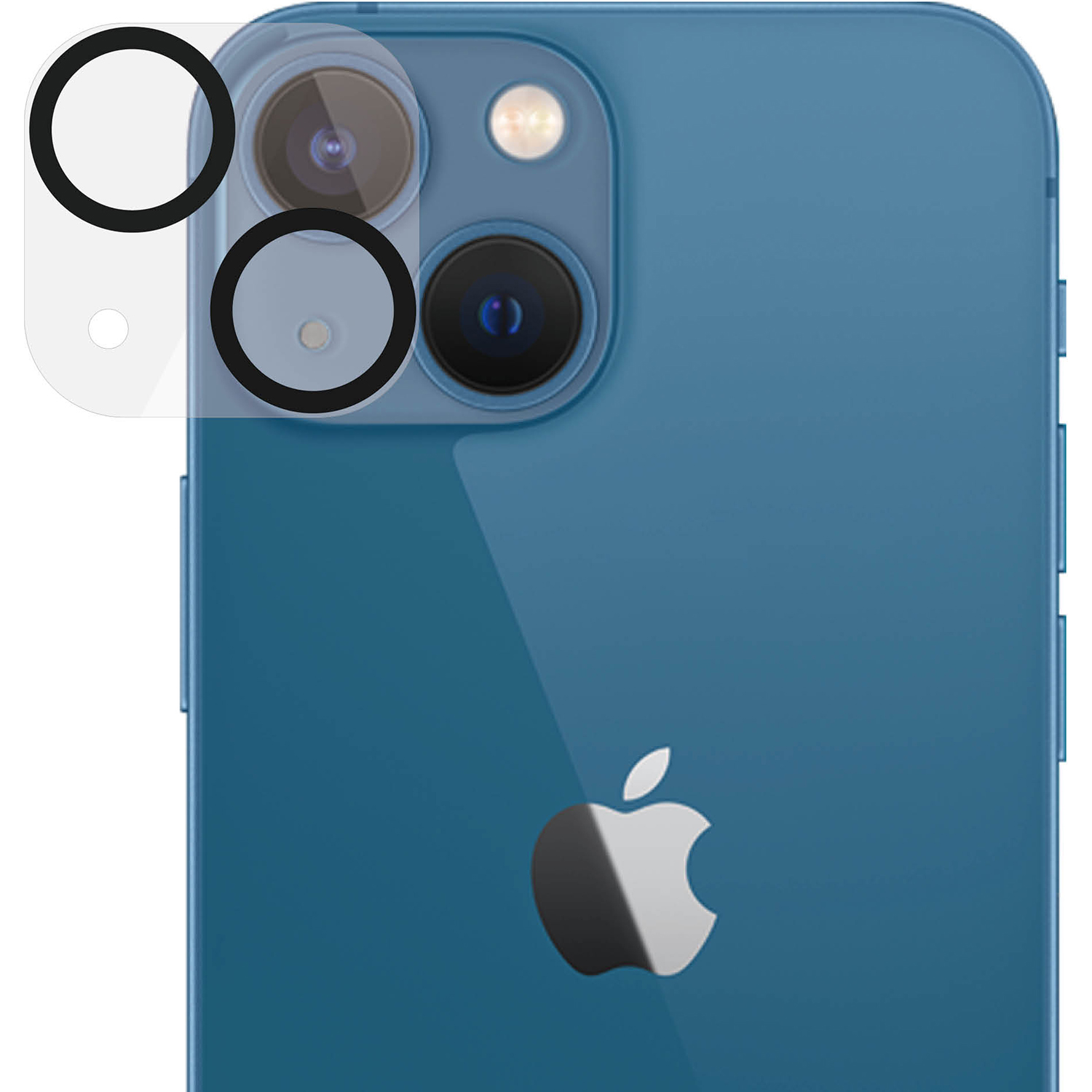 Een blauwe iPhone met drie cameralenzen en bevestigde lensbeschermers.