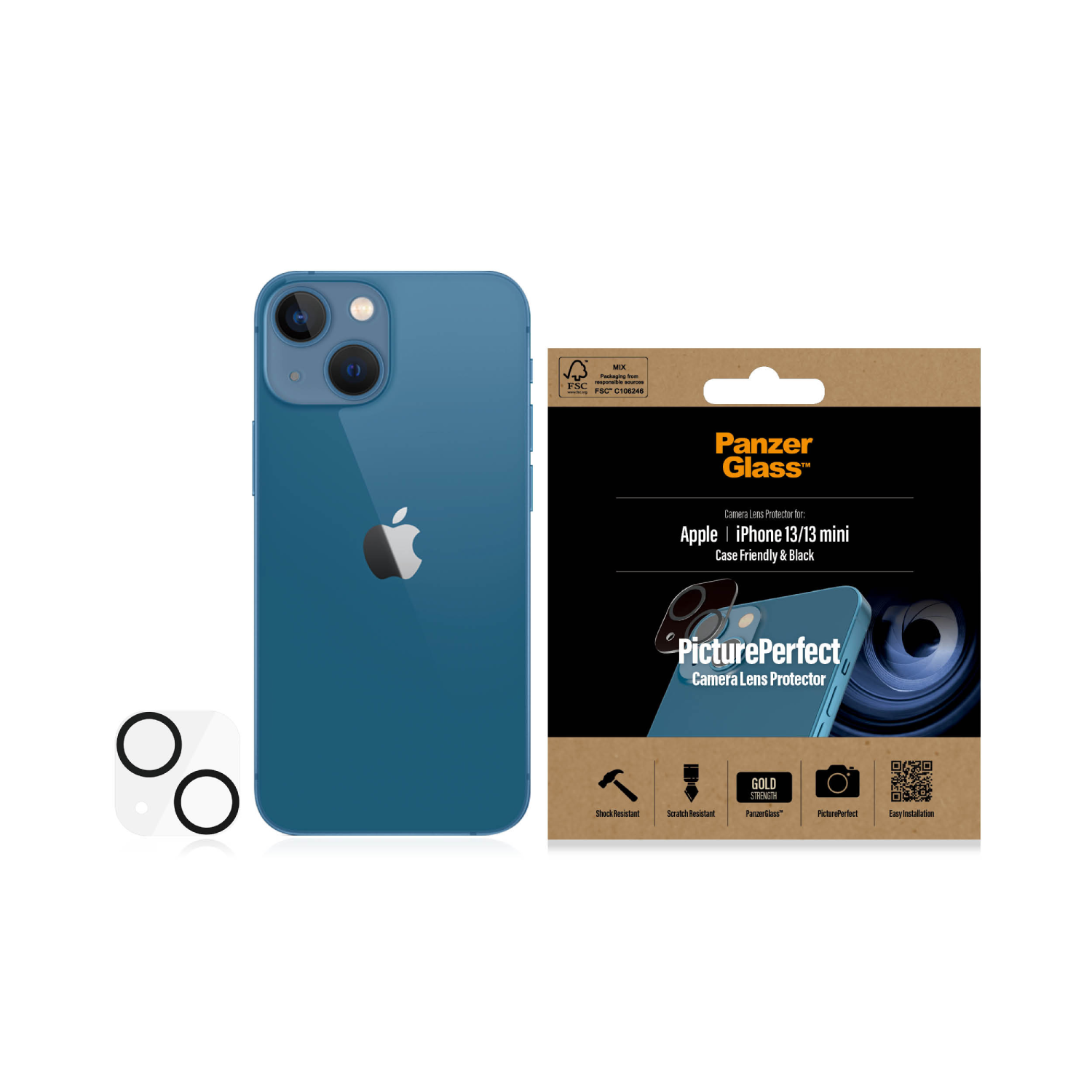 Blauwe iPhone 13 mini met een schermbeschermer en cameralensbeschermer. De telefoon en de beschermers worden getoond.