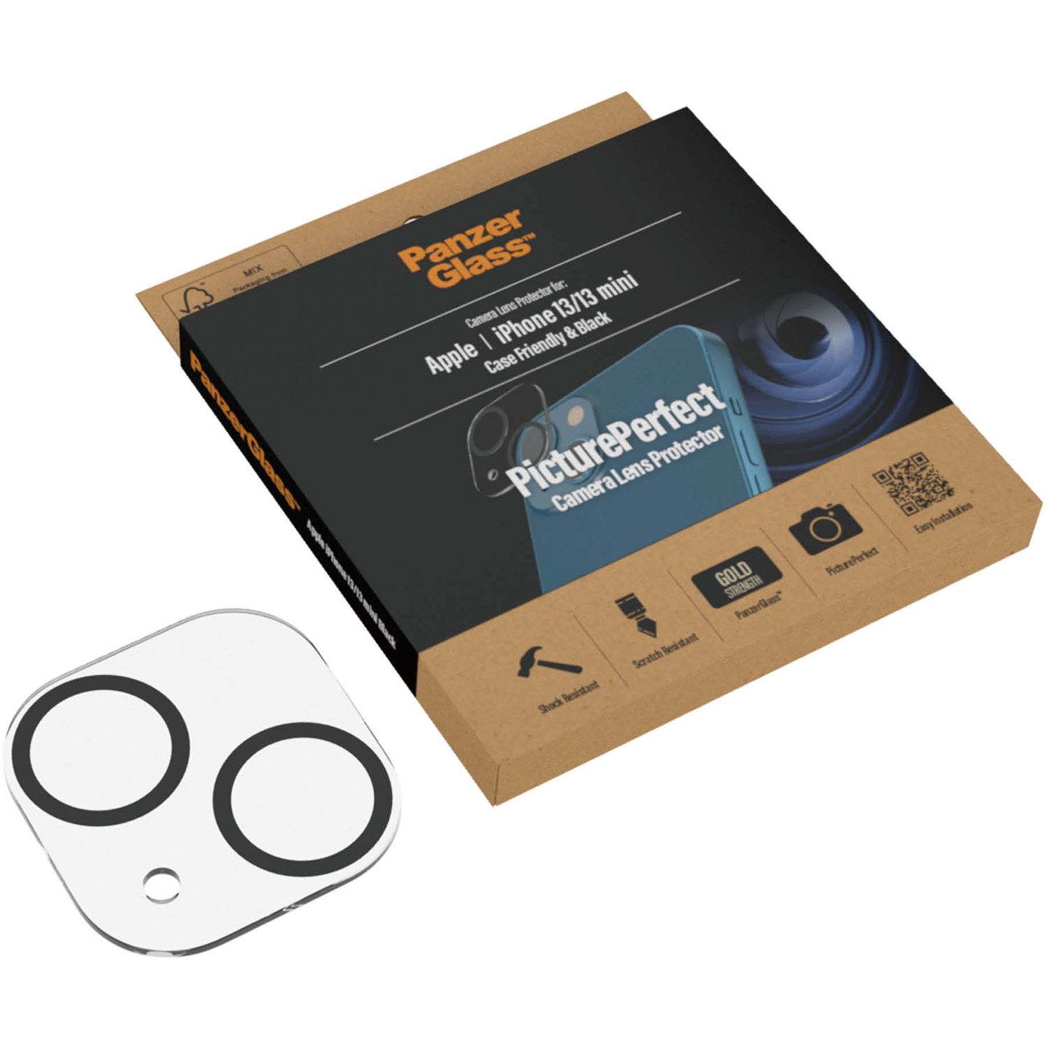 Verpakking voor een cameralensbeschermer met een lensbeschermer ernaast.