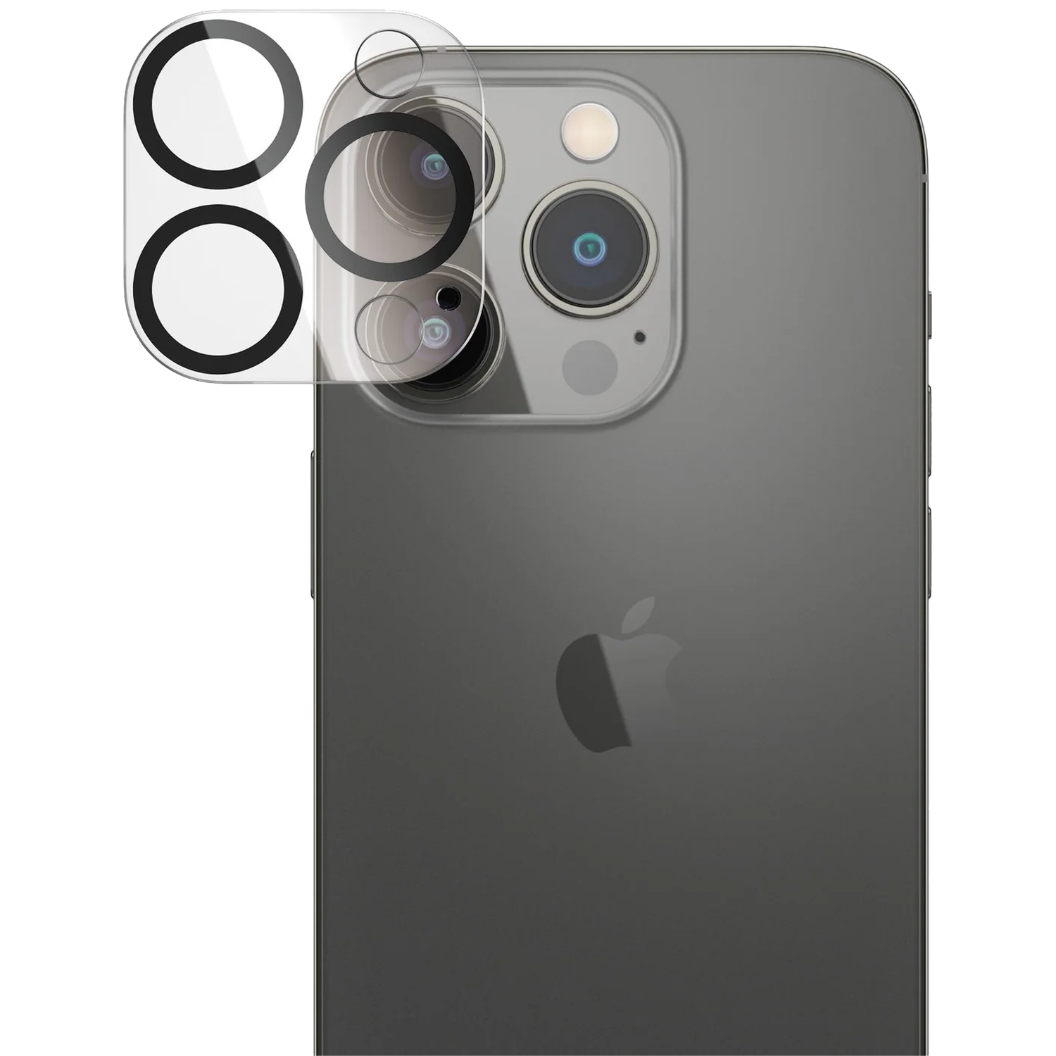 Een heldere beschermfolie geplaatst over de cameralenzen van een donkere iPhone.
