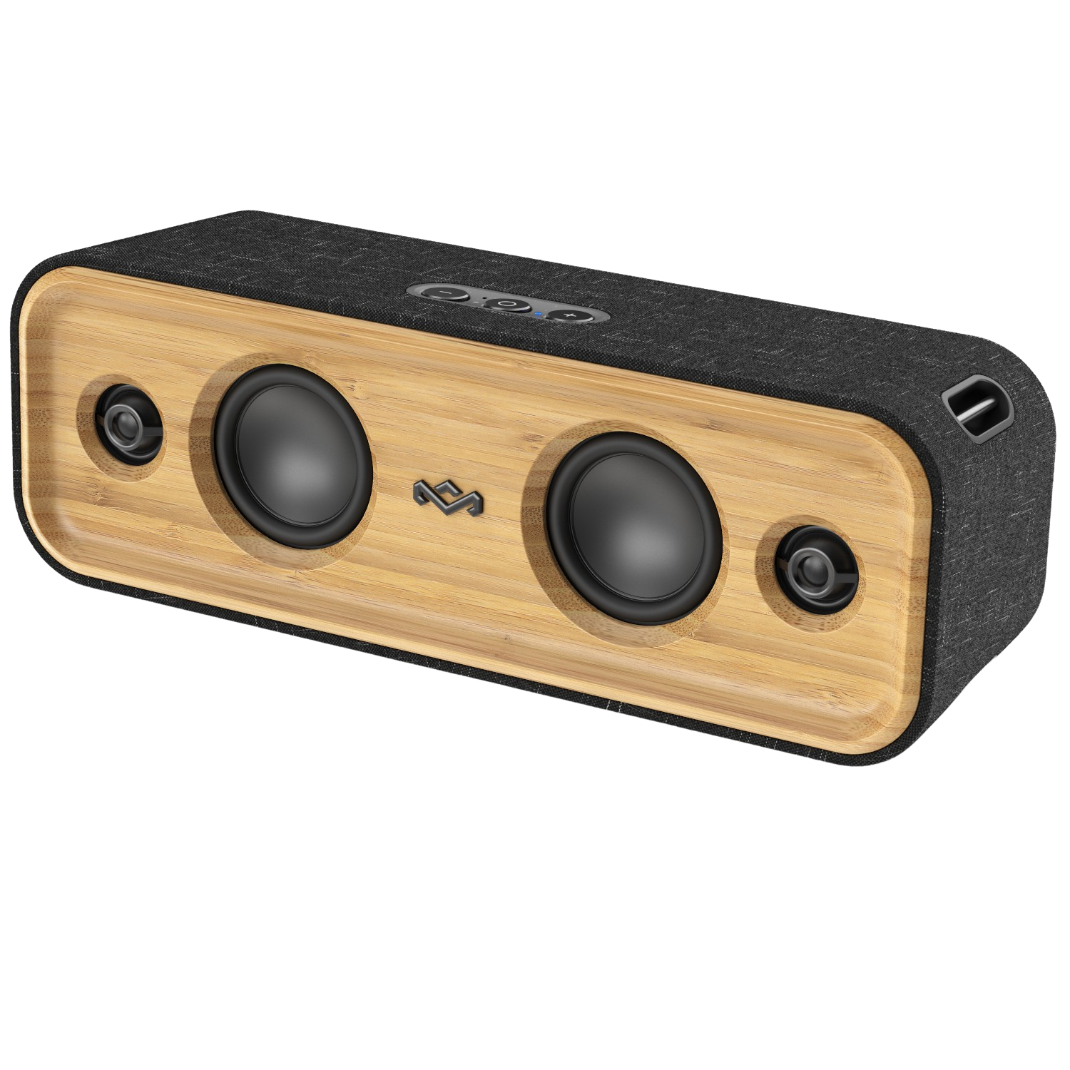 Houten luidspreker met twee luidsprekers en knoppen bovenop.
