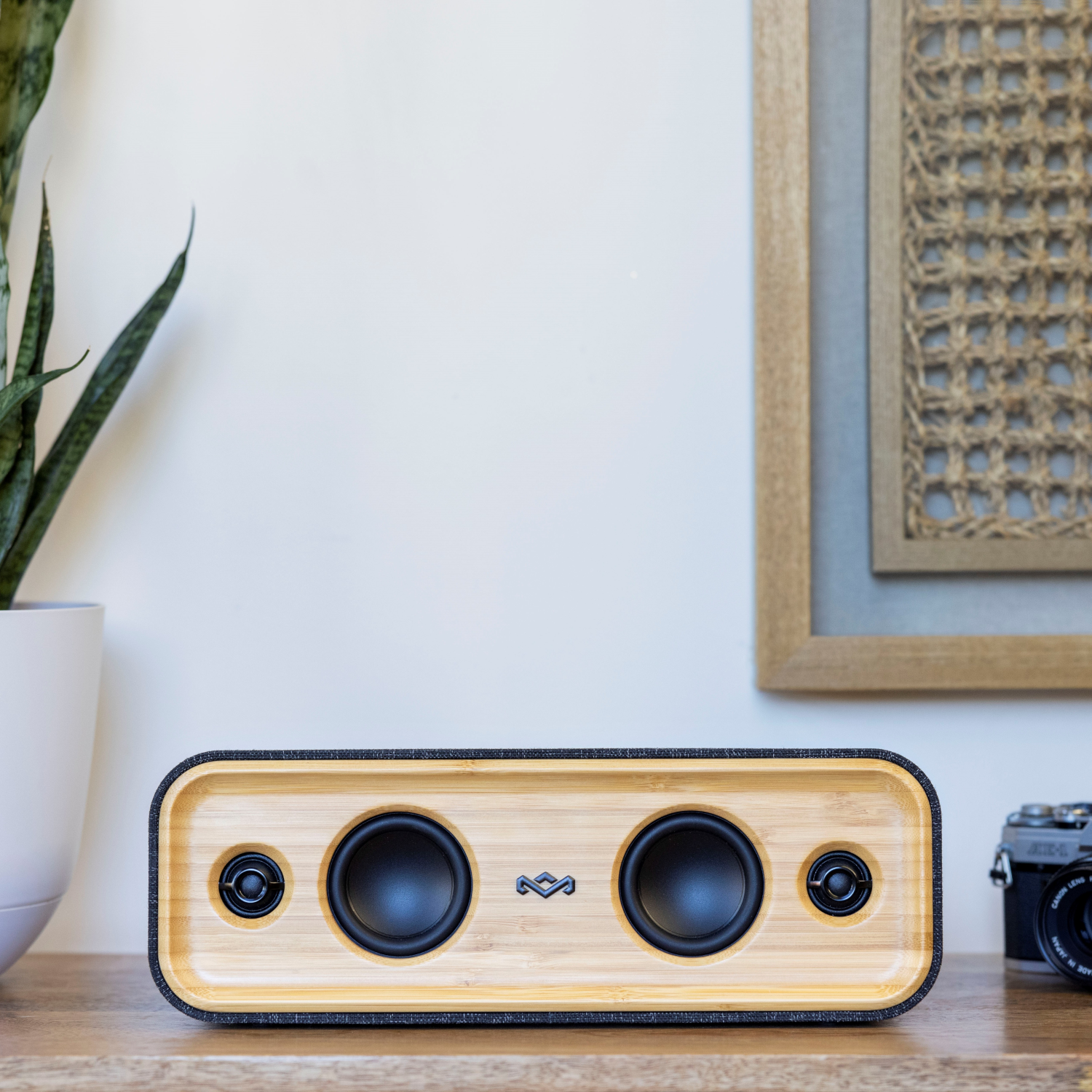 Een houten speaker met twee zwarte speakers en een stoffen hoes. Een plant, camera en ingelijste kunst zijn zichtbaar.