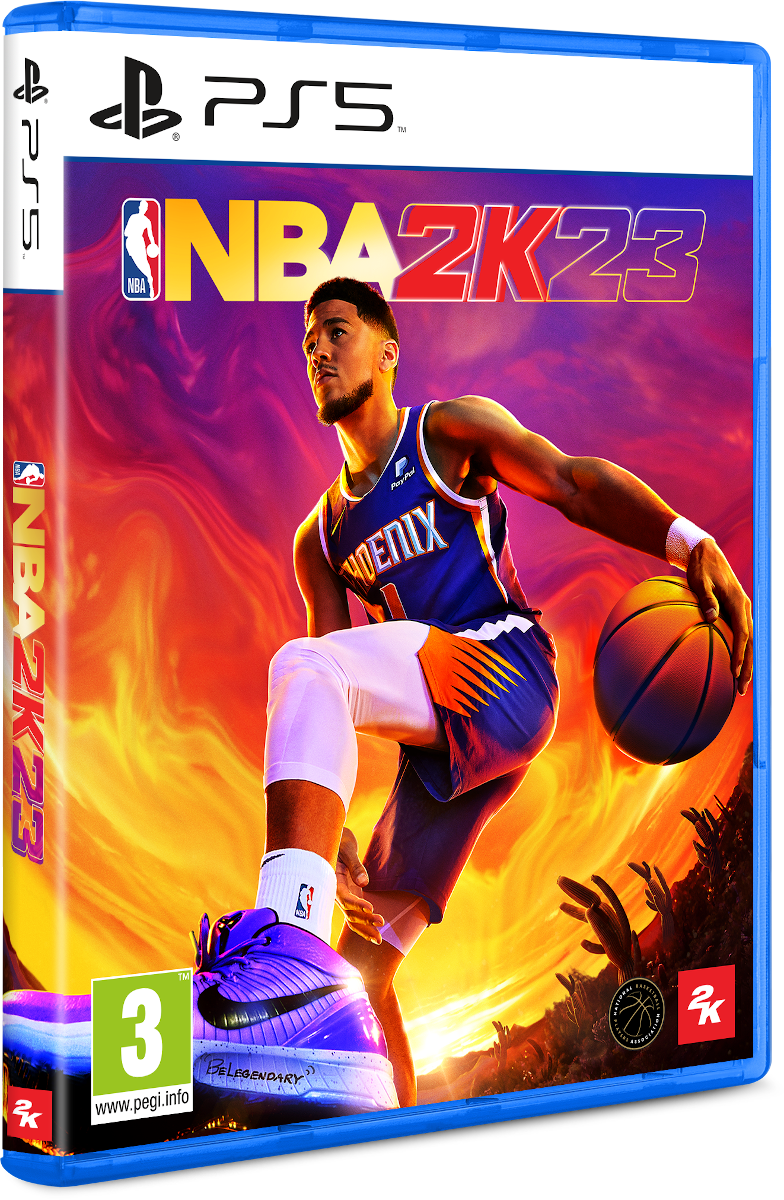 Egy PS5 játékdoboz, az NBA 2K23. Egy kosárlabdázót ábrázol, és látszik a játék címe.