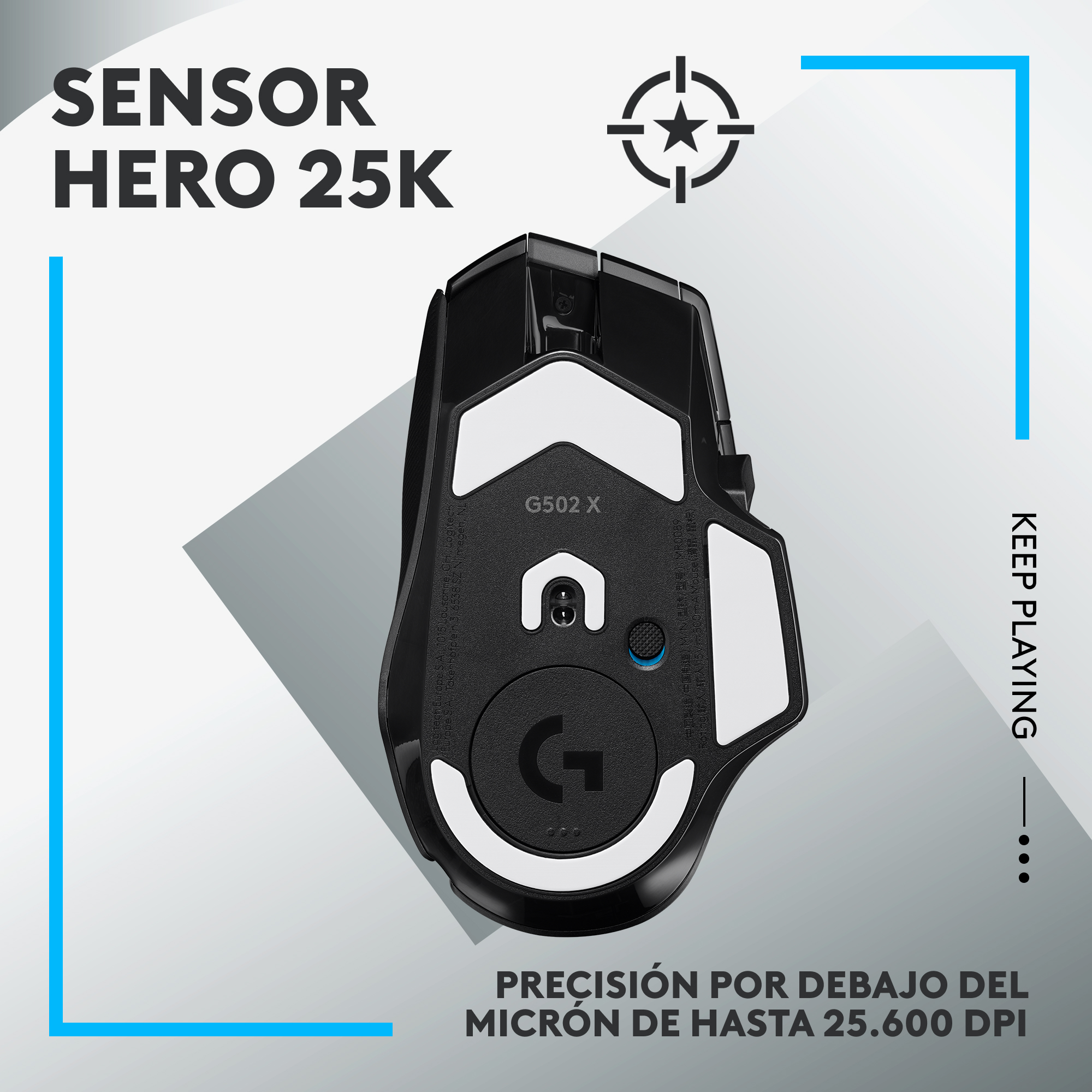 Ratón para juegos negro. Texto: Sensor Hero 25K. Debajo del ratón está el logotipo de Logitech G.