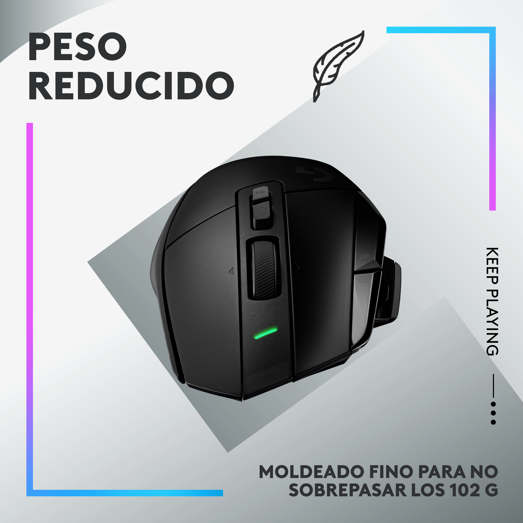 Ratón gaming Logitech negro. Tiene varios botones y una luz verde. El texto dice 'Peso Reducido'.