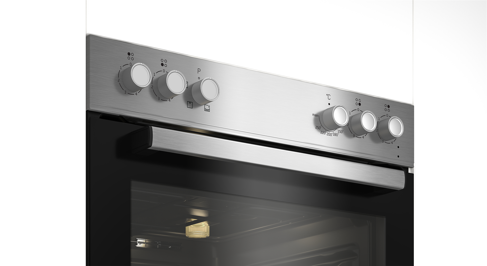 Edelstahl-Backofen-Bedienfeld mit Knöpfen und Temperaturanzeigen. Die Ofentür ist sichtbar.
