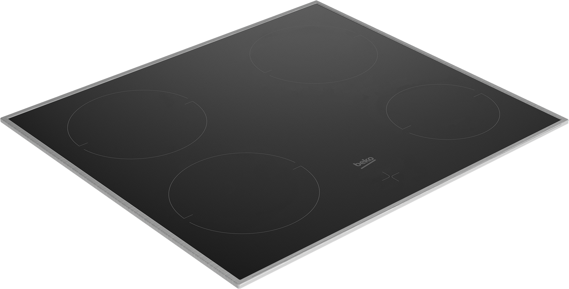 Schwarzes Beko Induktionskochfeld mit vier kreisförmigen Kochzonen. Das Beko-Logo ist sichtbar.