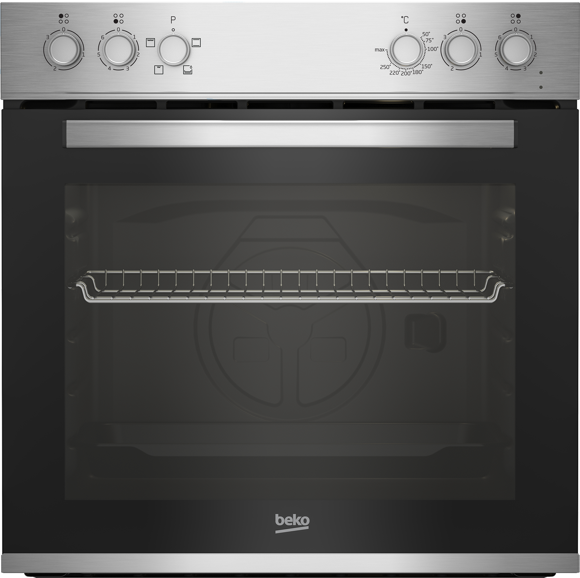 Backofen der Marke Beko. Der Ofen ist aus Edelstahl und schwarz. Bedienelemente befinden sich oben.