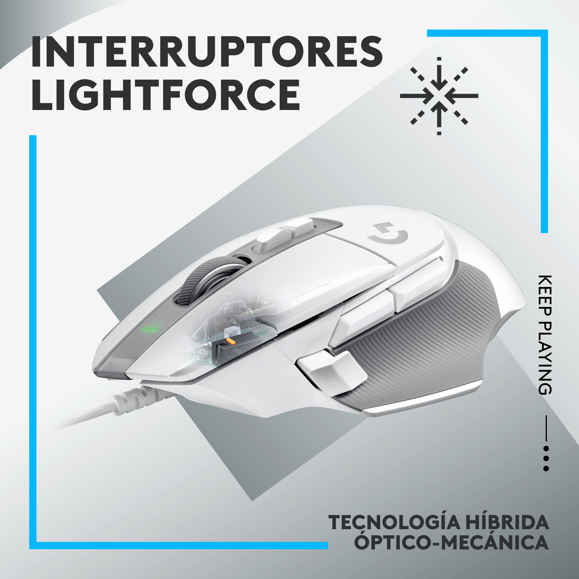 Un ratón para juegos blanco. El fondo es blanco con acentos azules y grises.