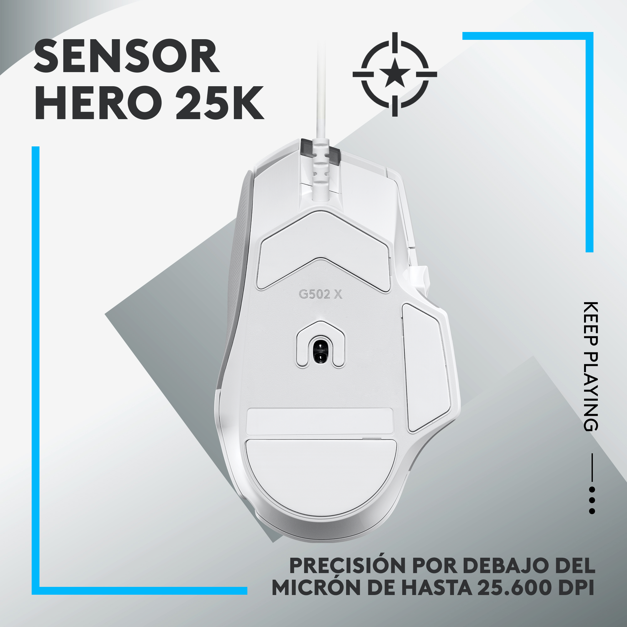 Ratón gaming blanco. El texto dice: 'SENSOR HERO 25K' y 'KEEP PLAYING'. Gráfico de retícula visible.