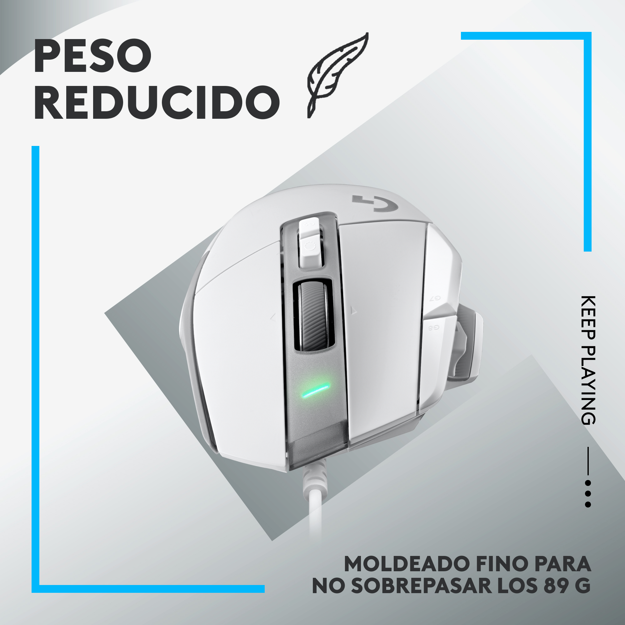 Ratón gaming blanco, vista lateral, elementos de texto y gráficos.