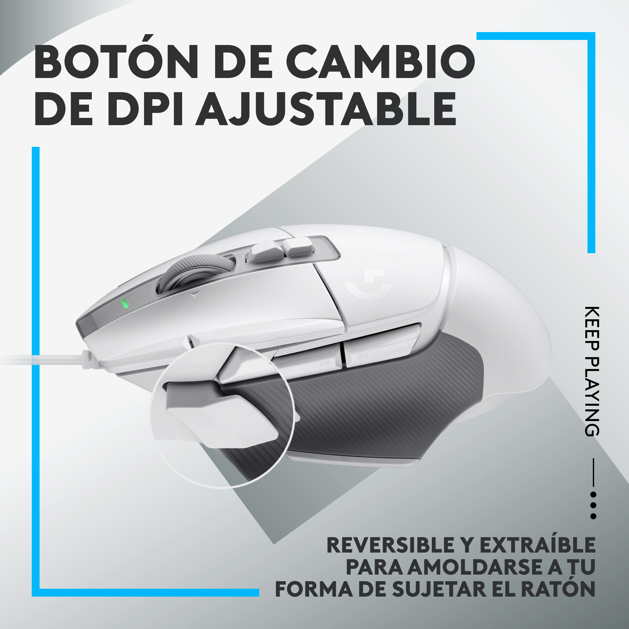 Ratón gaming blanco con botón DPI ajustable y pieza lateral extraíble. Marco azul.