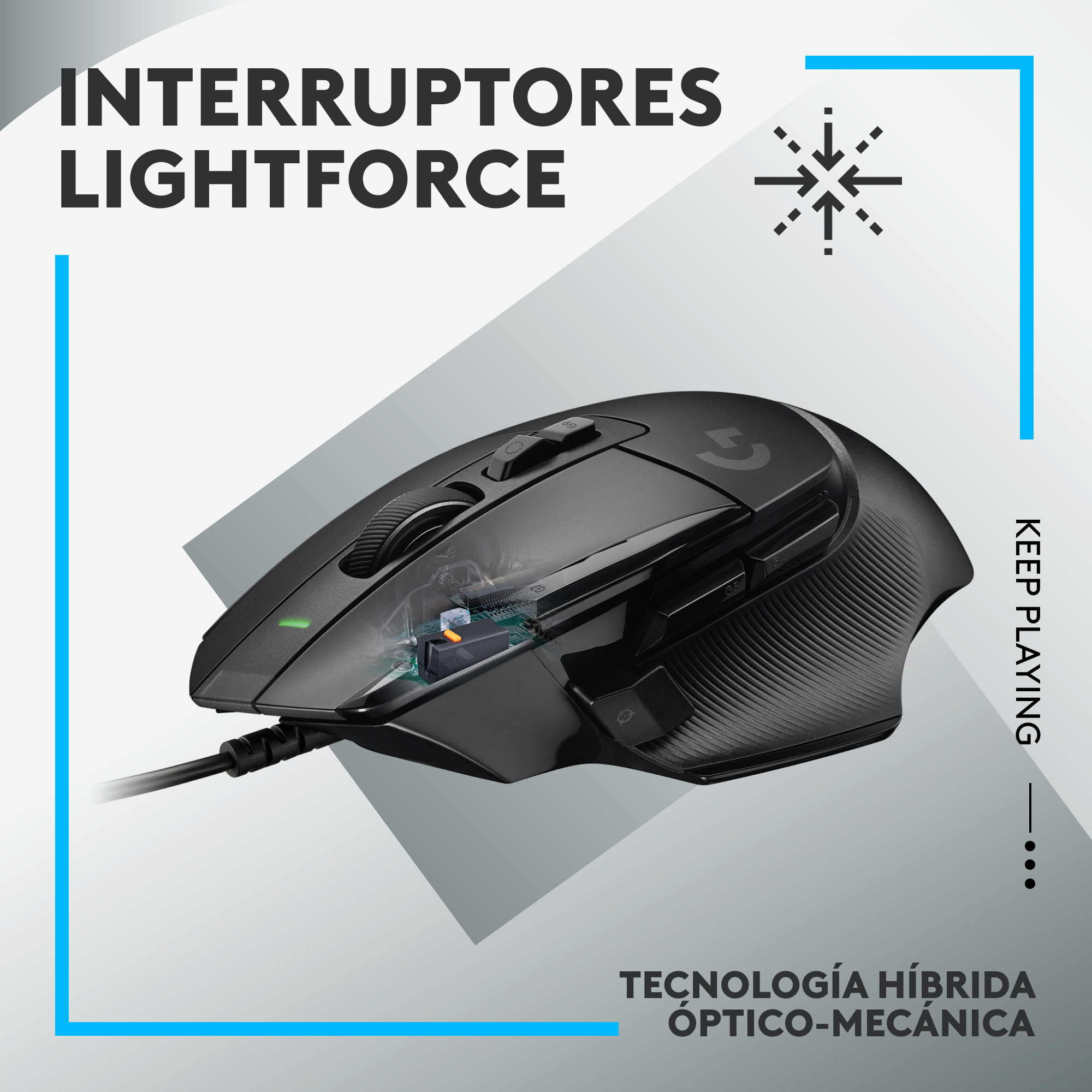 Ratón gaming negro con interruptores Lightforce. Cuenta con un panel lateral transparente.