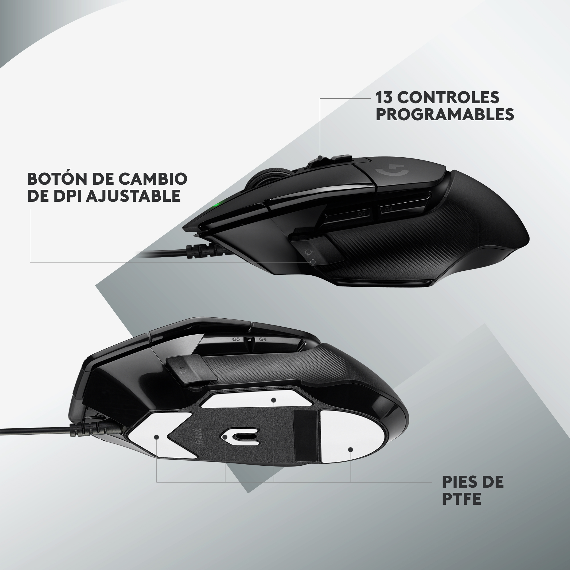 Dos ratones gaming negros. Uno muestra la parte superior, el otro la inferior con etiquetas de funciones.