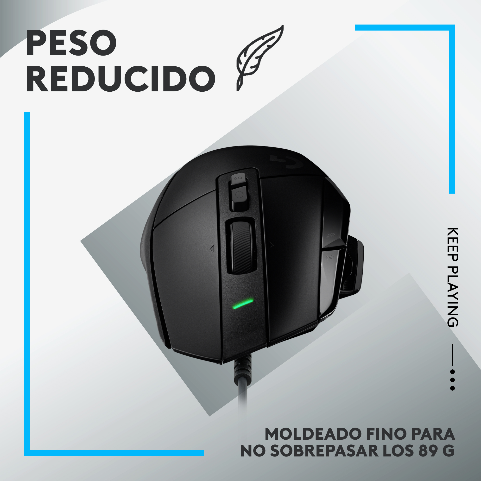 Un ratón para juegos negro con una luz verde. Hay texto: "PESO REDUCIDO" y "KEEP PLAYING".