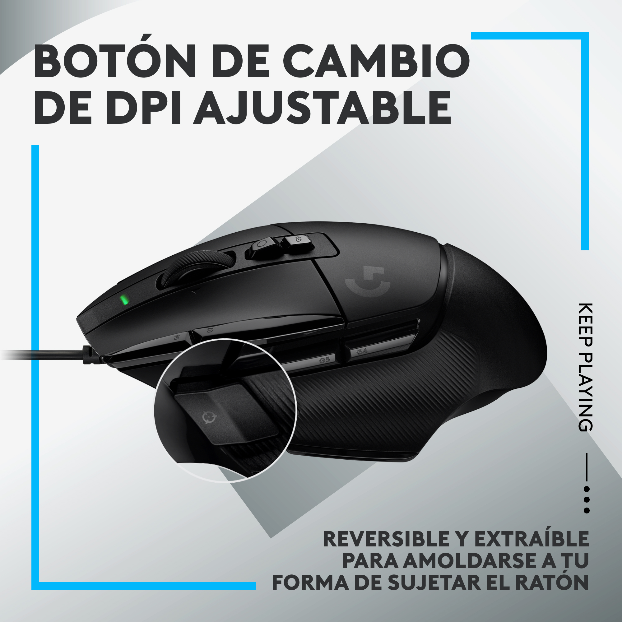 Ratón gaming negro con botón DPI ajustable. El ratón se muestra con un botón DPI ajustable.