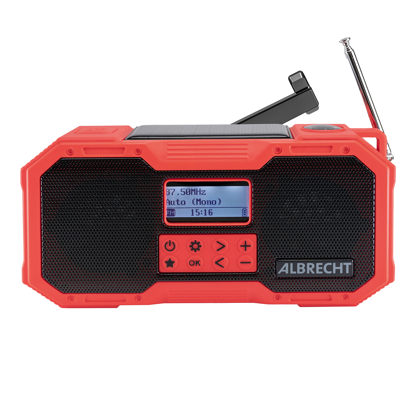 Ein rot-schwarzes Radio mit Digitalanzeige. Es gibt ein Solarpanel und eine Antenne.