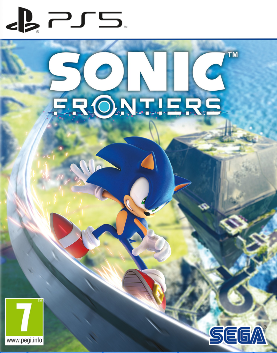 De gamecover van Sonic Frontiers PS5 toont Sonic die op een rail rent met een blauwe achtergrond.