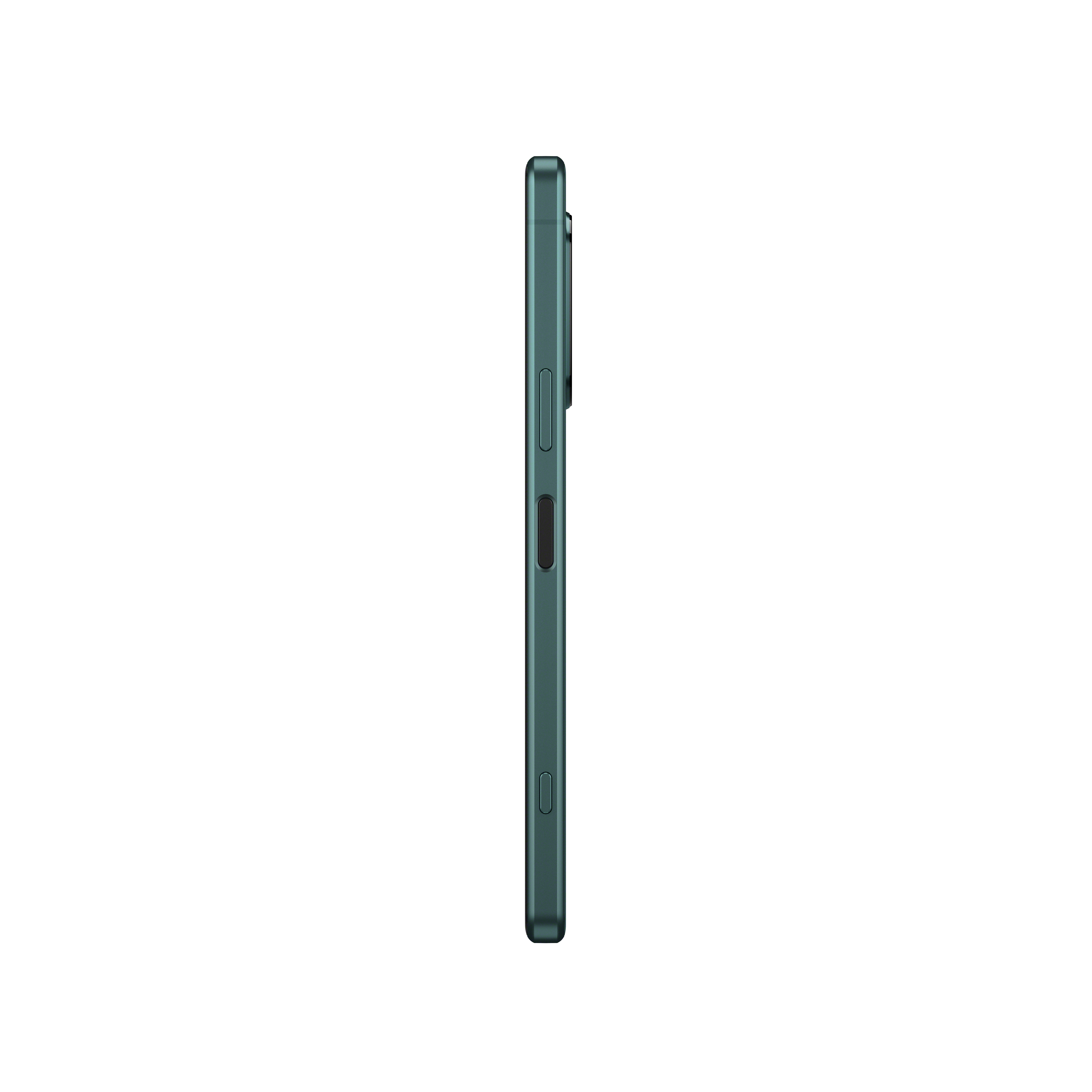 Seitenansicht eines teal-farbenen Smartphones, freigestellt.