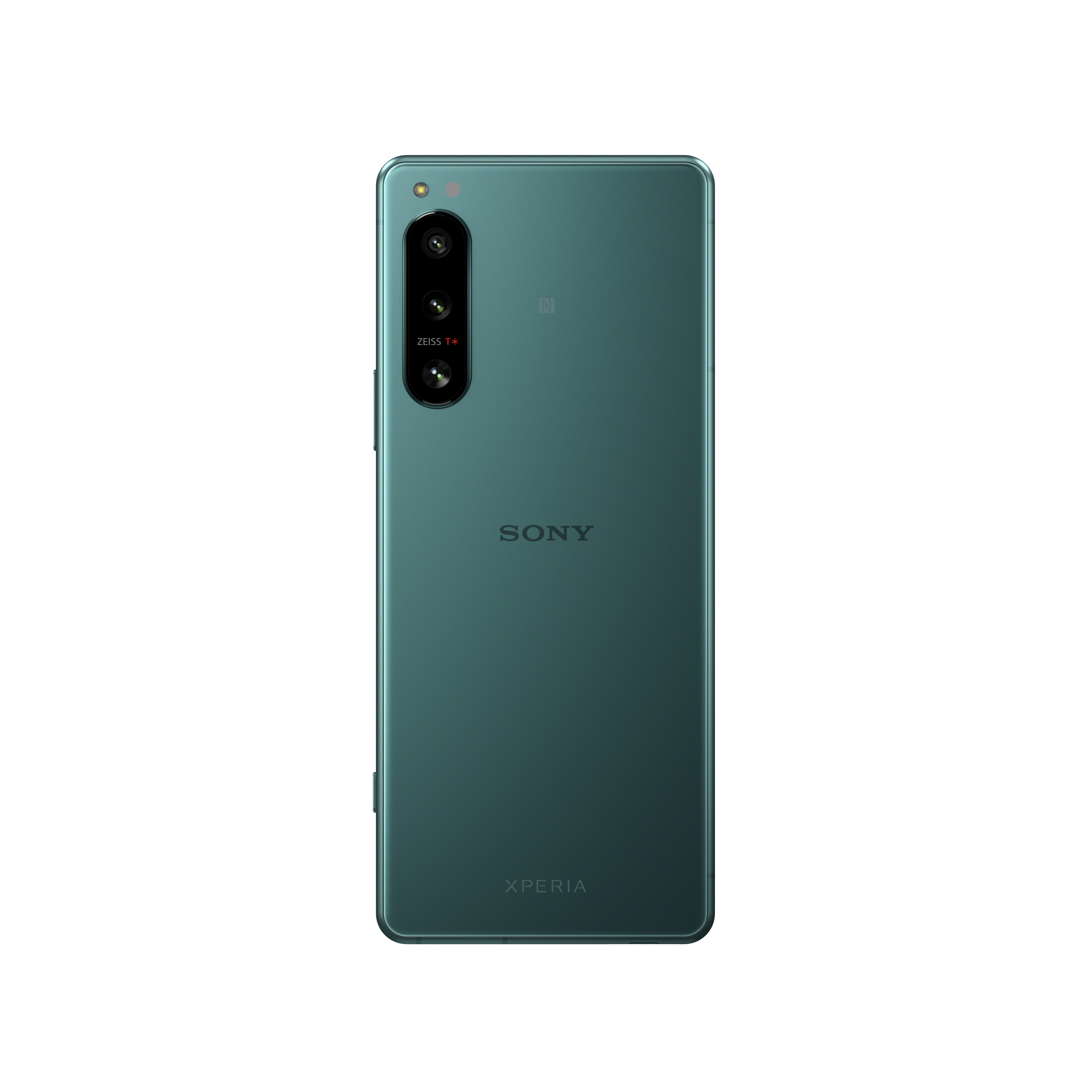 Grüne Rückseite eines türkisfarbenen Sony-Telefons mit Dreifachkamera und Sony-Logo.
