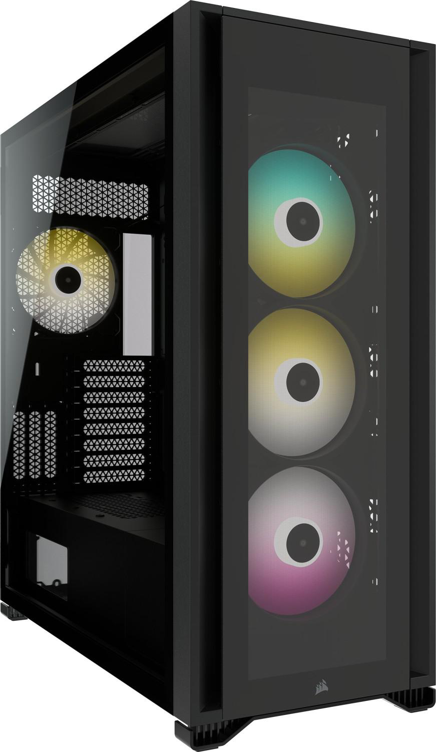 Schwarzes Computergehäuse mit Glasseitenwand, Lüftern mit bunten Lichtern und dem Corsair-Logo.