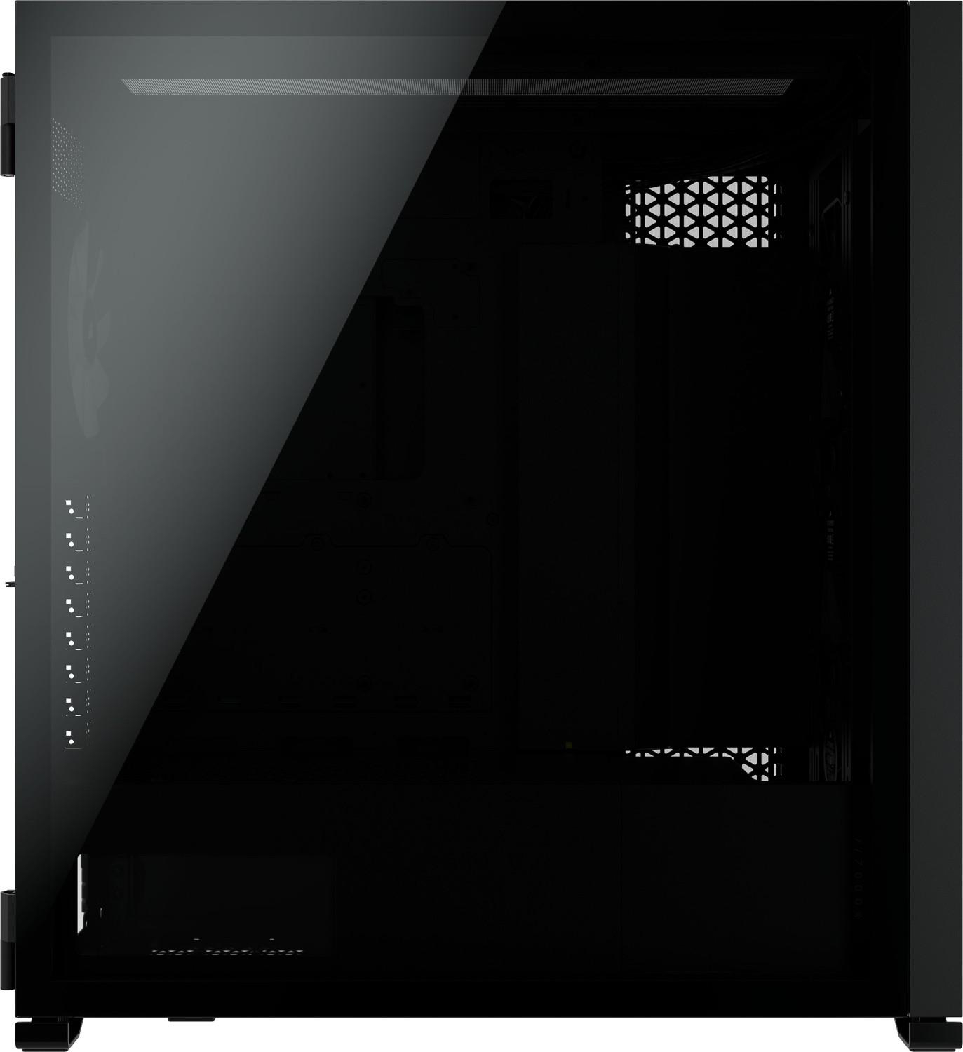 Ein schwarzes Computergehäuse mit einer Glasseitenwand. Der Hintergrund ist schwarz.