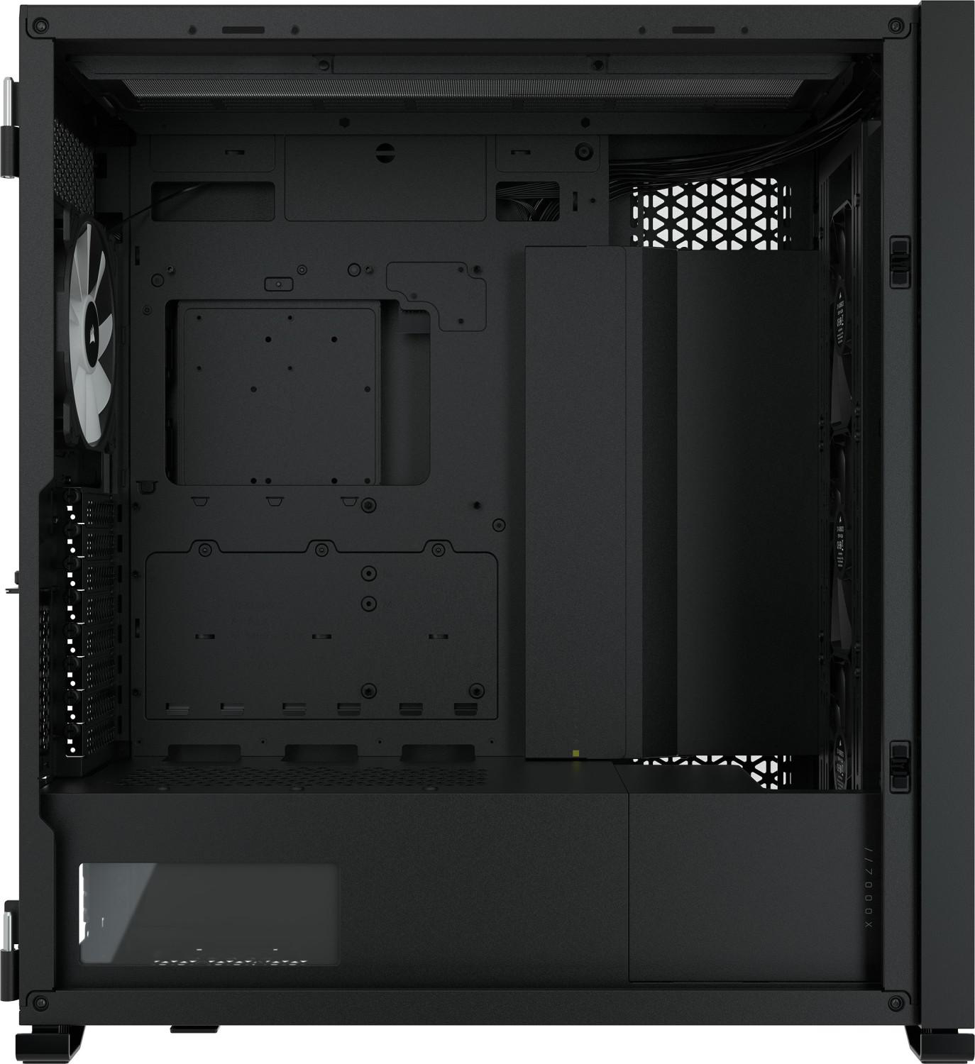Ein leerer schwarzer Computer-Tower mit Lüfter und verschiedenen Komponenten. Der Hintergrund ist schwarz.