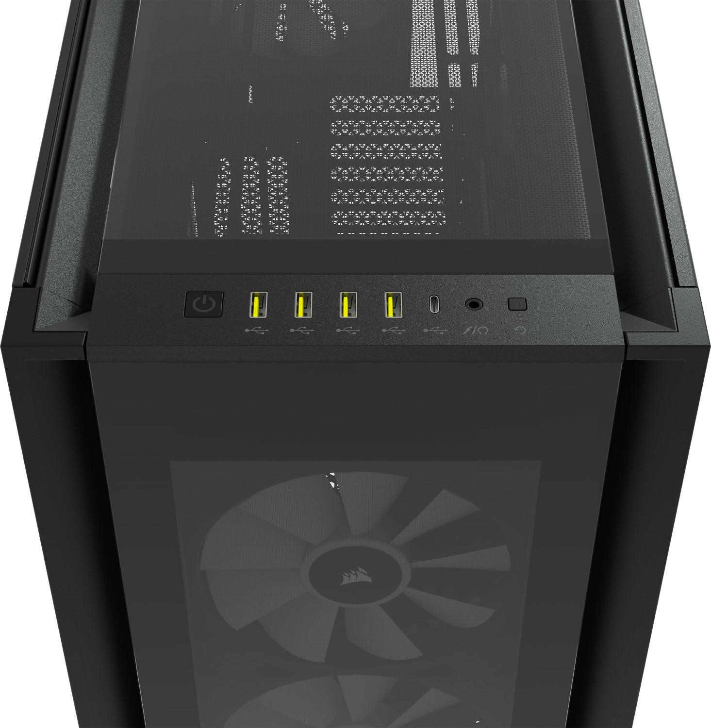 Schwarzes Computergehäuse, Draufsicht, mit Strom, USB-Anschlüssen und Lüfterdetails.
