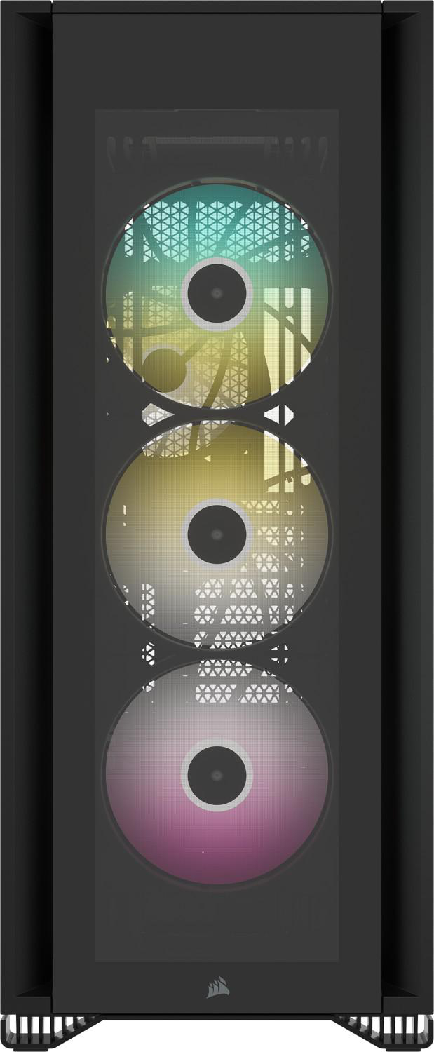 Ein schwarzer Computer mit drei farbigen Lüftern hinter einer Glasscheibe.