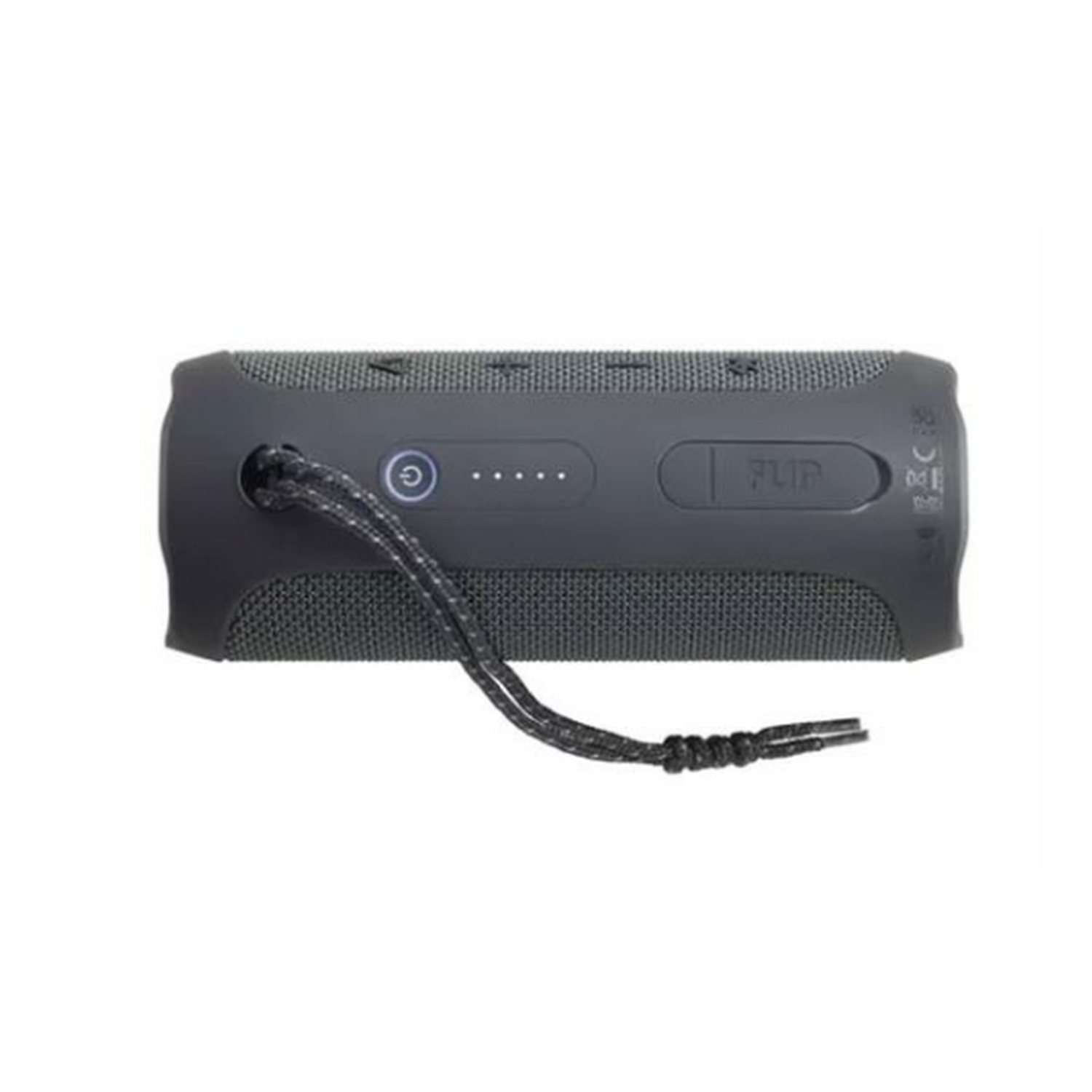 Un altavoz JBL Flip gris oscuro con correa, sobre fondo blanco.