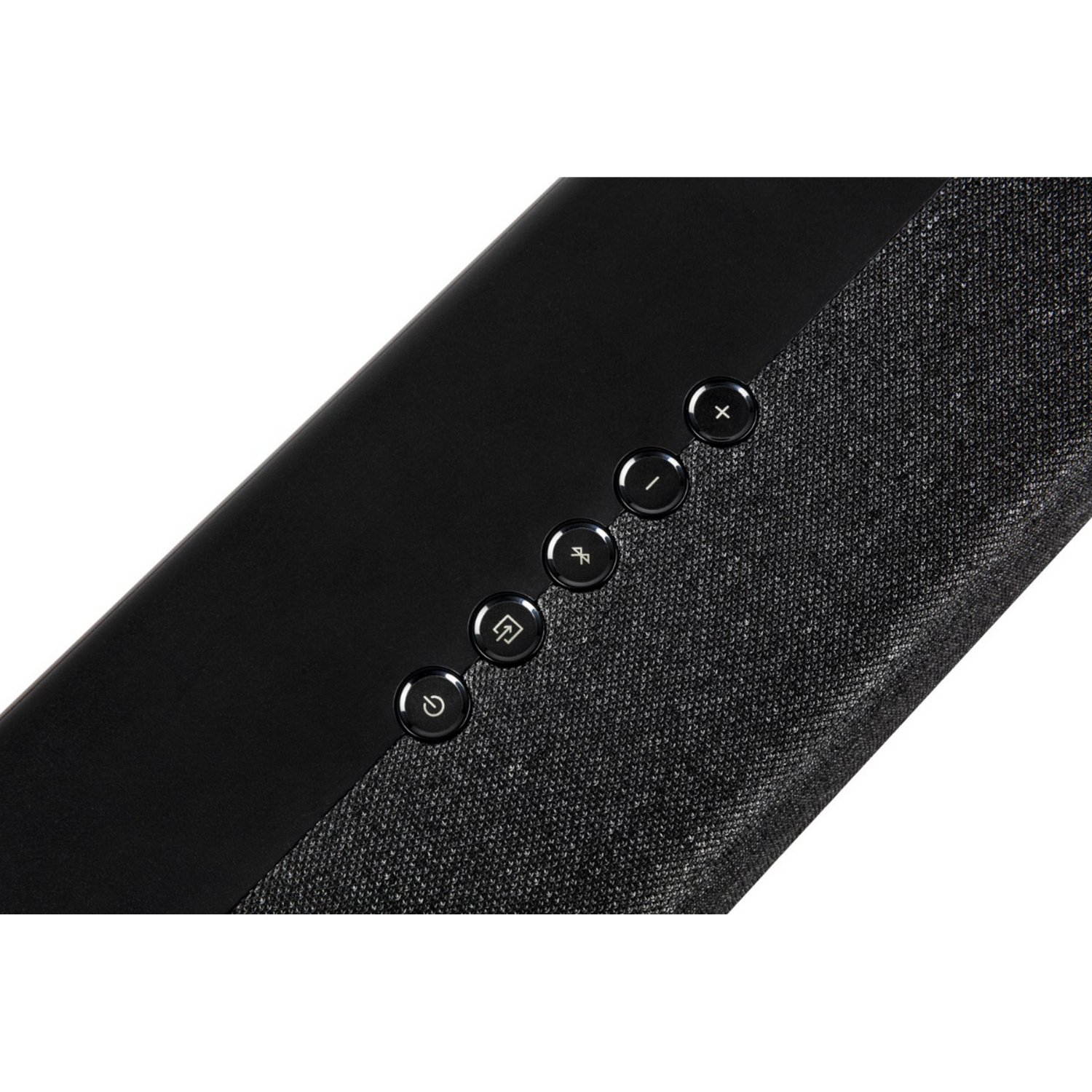 Barra de sonido negra, con botones en la parte superior y tela de altavoz.