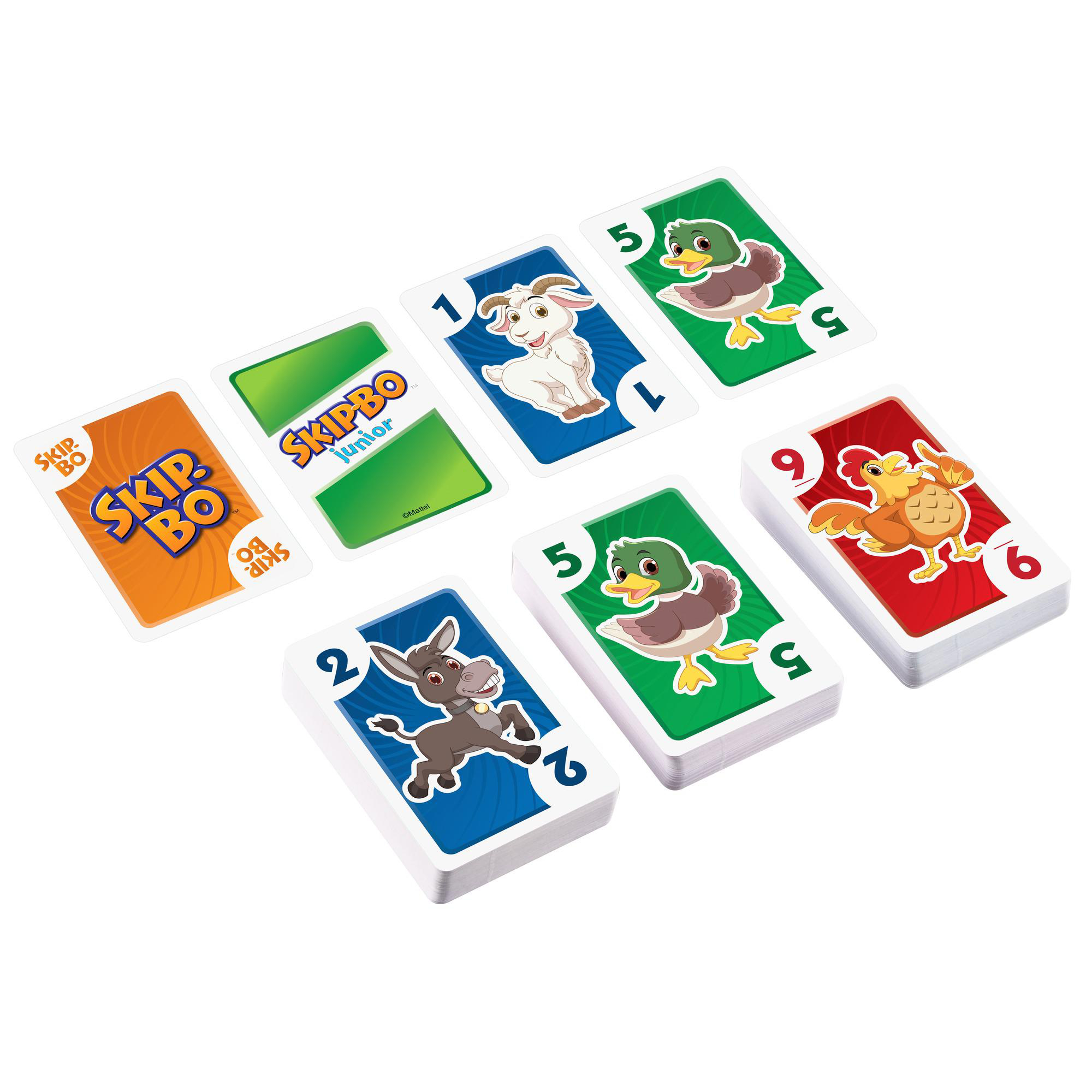 Skip-Bo Junior Kartenspiel. Karten mit Tierillustrationen und Zahlen sind ausgebreitet.