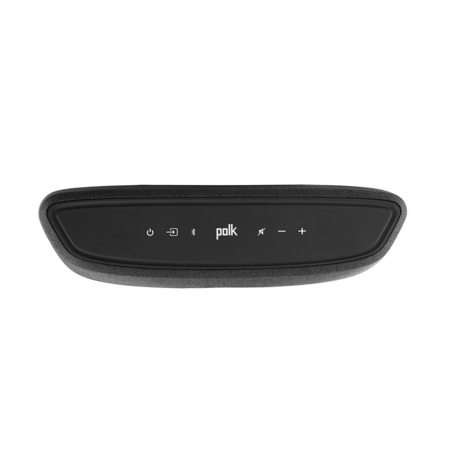 Altavoz Polk negro. Botones: encendido, Bluetooth, controles de volumen. Frontal de tela gris oscuro.