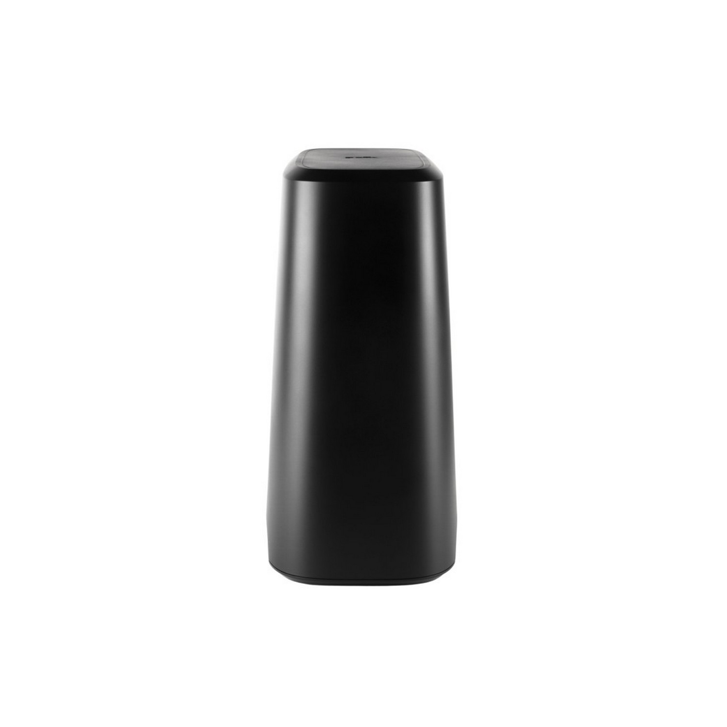 Un altavoz negro alto y elegante, un diseño moderno, de pie sobre una superficie blanca.