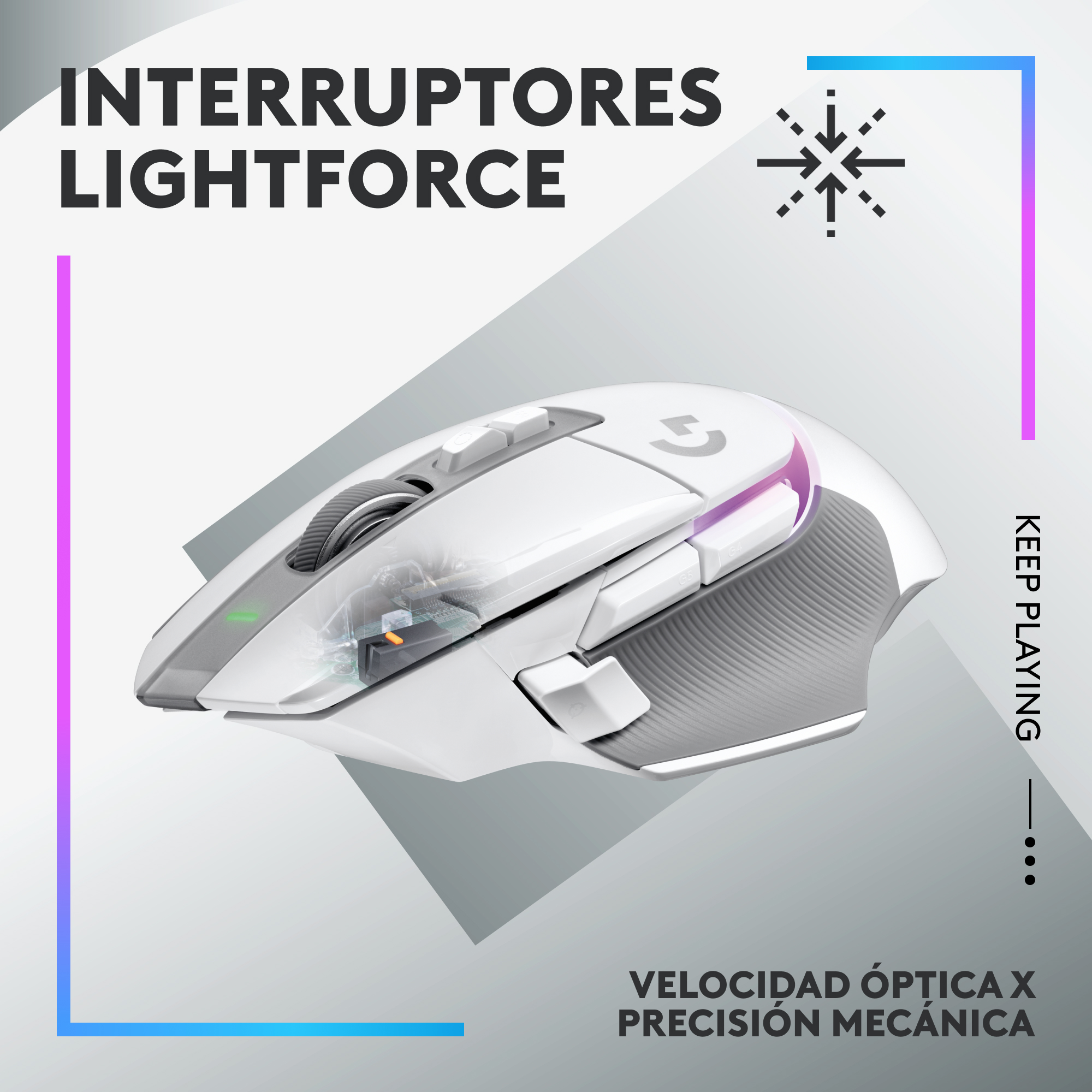 Ratón gaming blanco con botones y rueda de desplazamiento. Texto en español: Velocidad óptica, precisión mecánica.