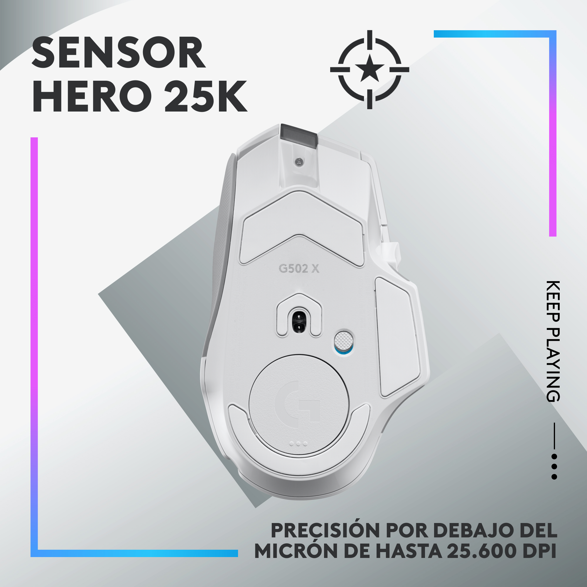 Ratón gaming blanco. Texto: Sensor HERO 25K. El ratón tiene varios botones.