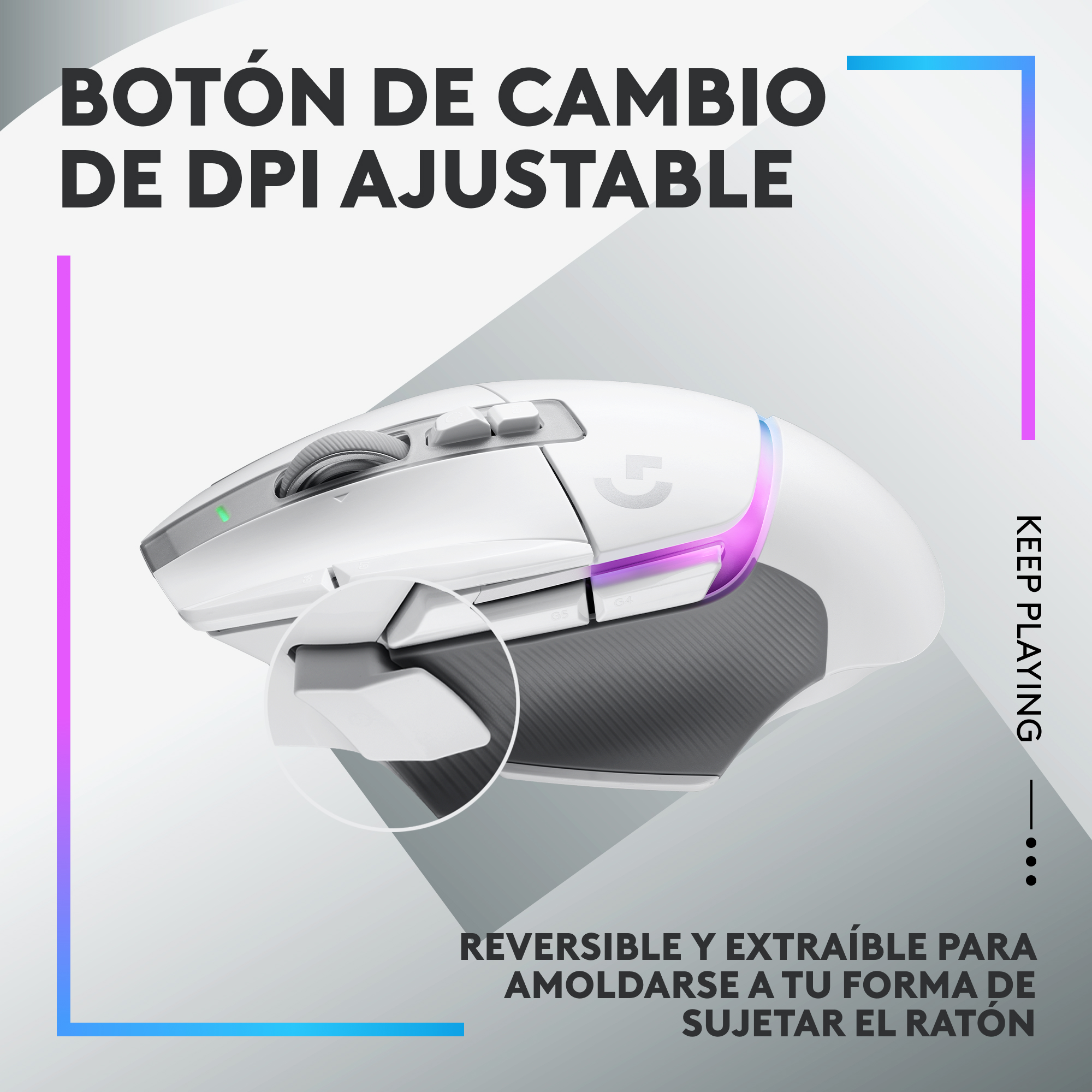 Ratón gaming blanco con botón DPI ajustable y texto.