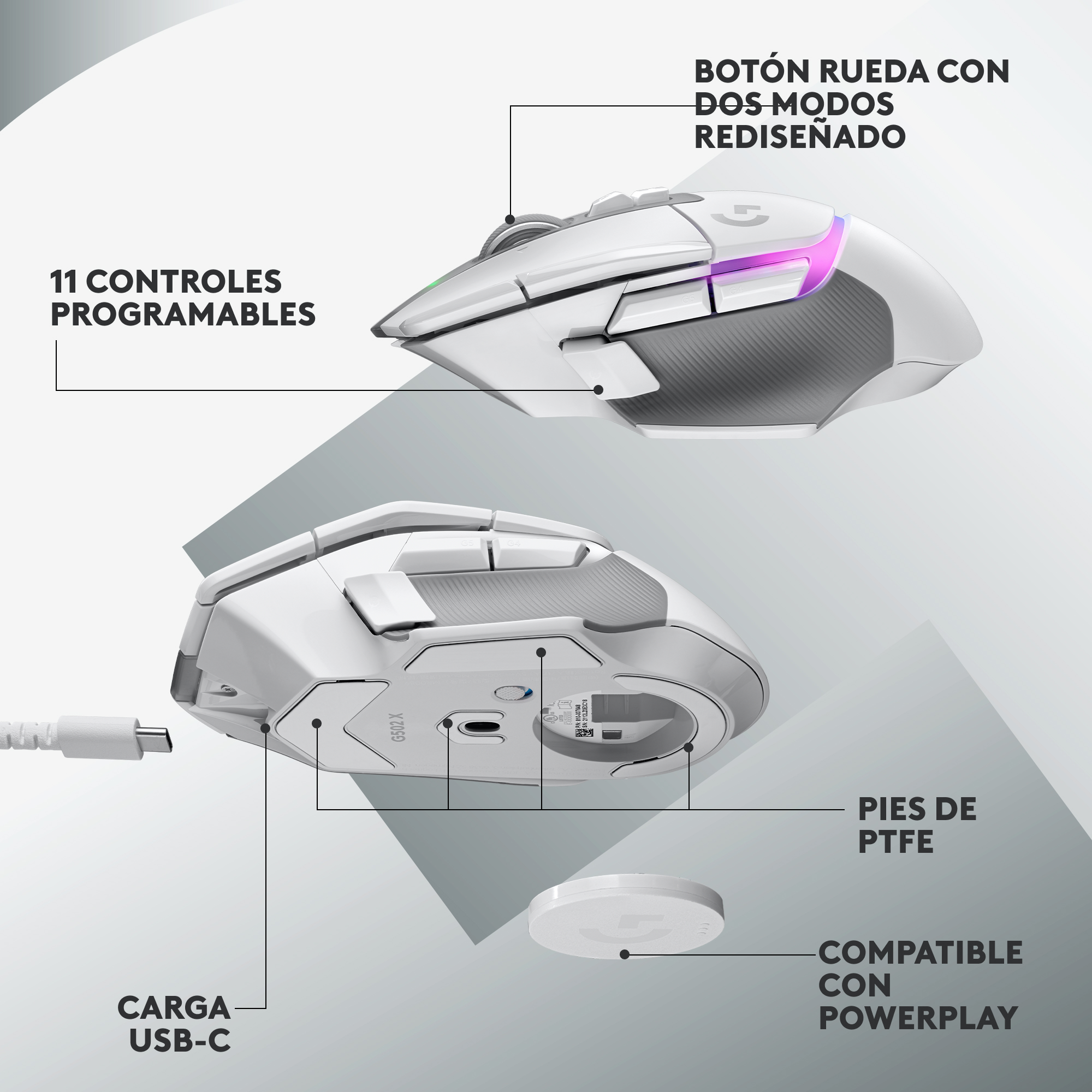 Un ratón gaming blanco con etiquetas. Incluye carga USB-C y compatibilidad con powerplay.