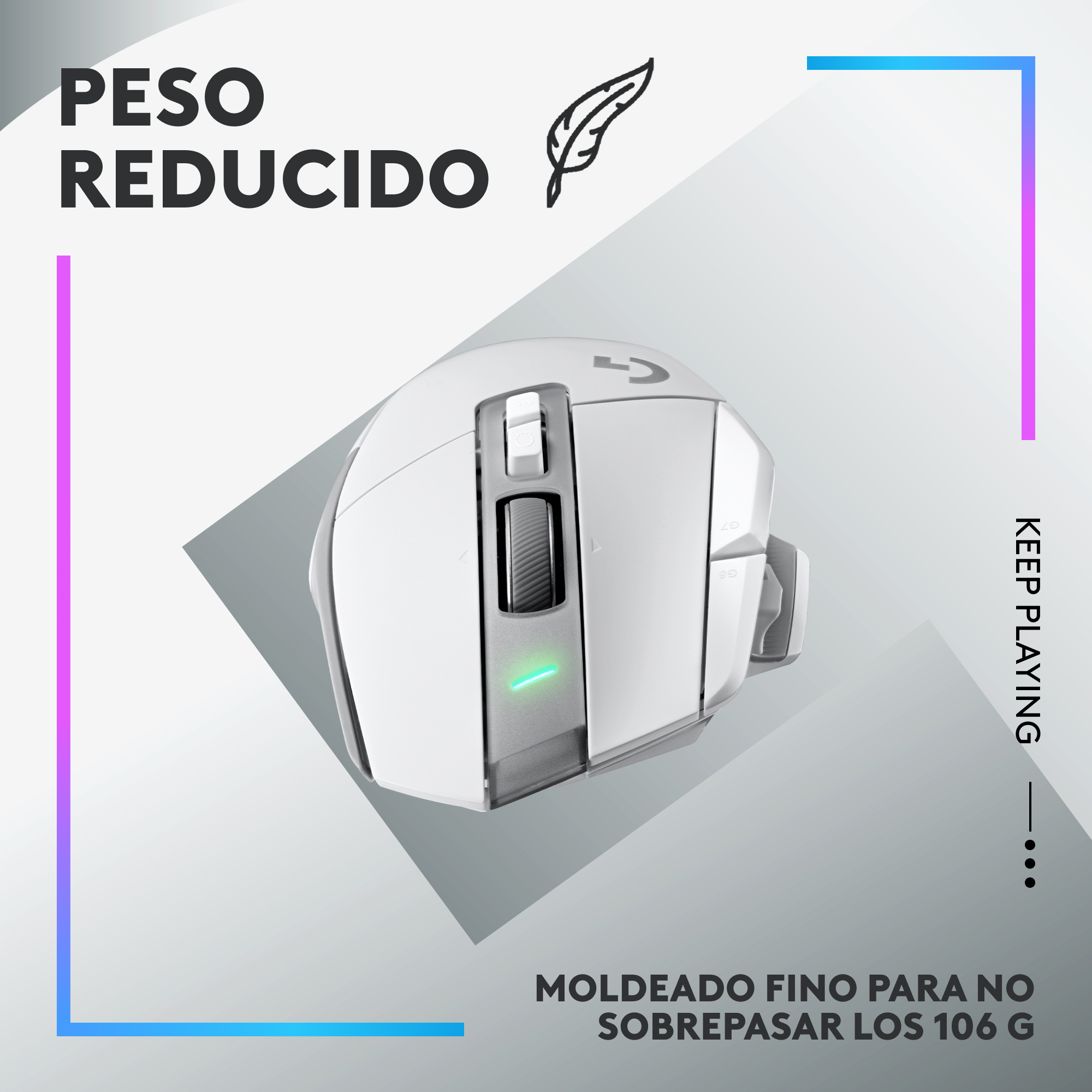 Un ratón gaming blanco con rueda de desplazamiento negra y luz verde. El texto dice 'Peso reducido'.