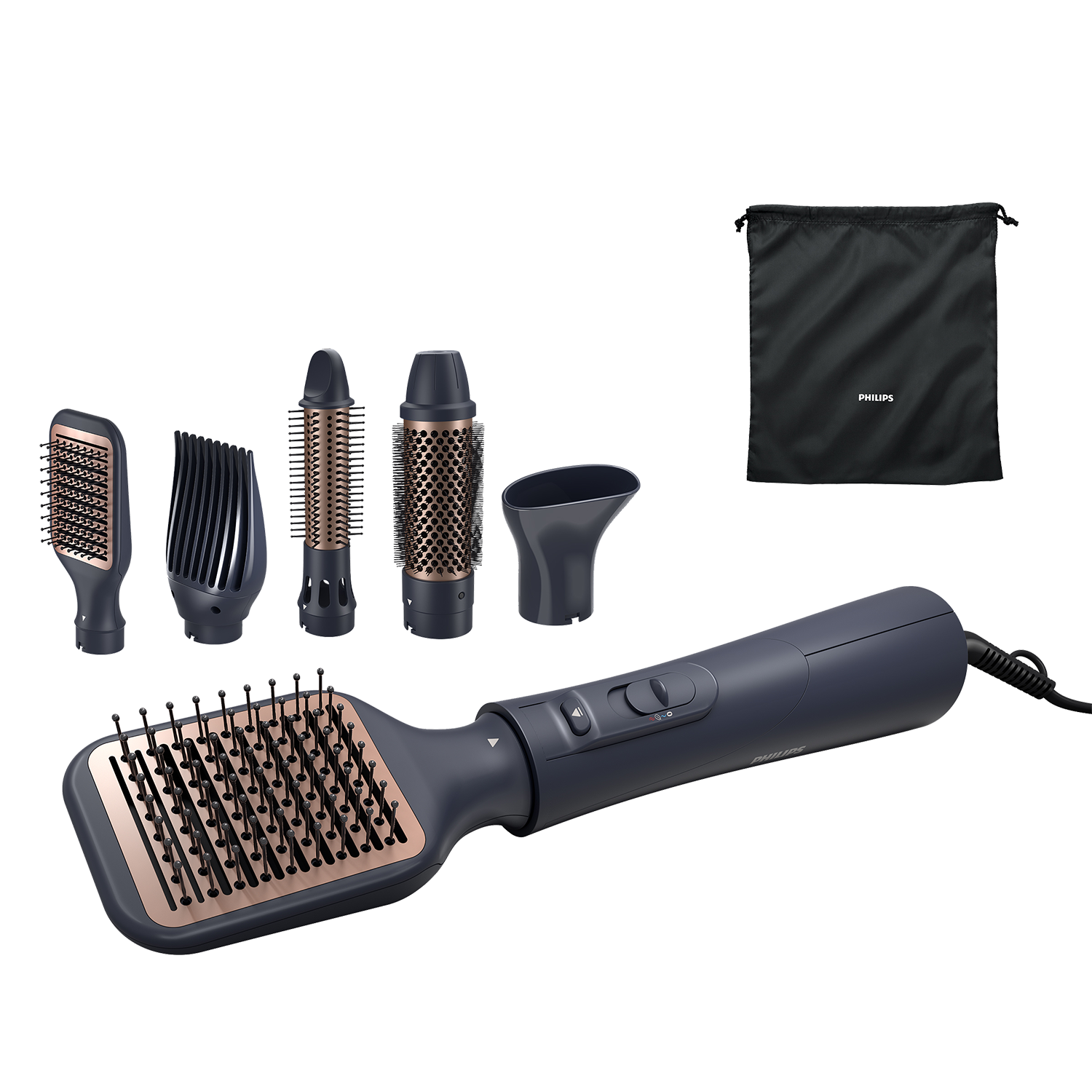 Haarstyler set met diverse opzetstukken en een zwarte opbergtas.